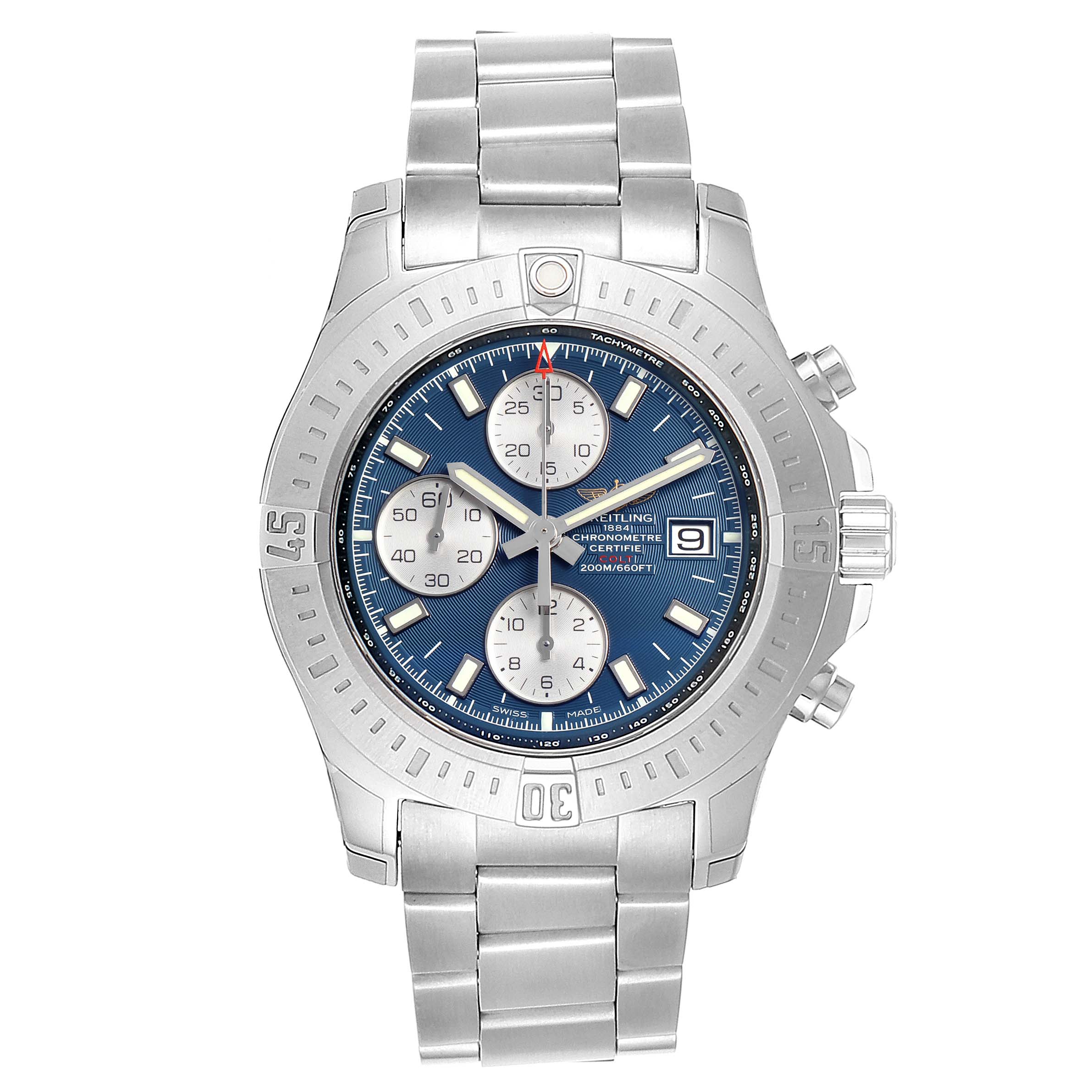 The image shows a front view of a Breitling Colt A13035 Men's Stainless Steel Blue Dial A13035 Men's Stainless Steel Blue Dial watch featuring its dial, bezel, crown, and metal bracelet.