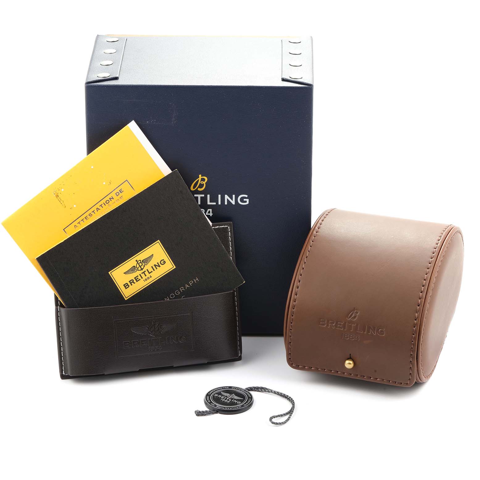 The image shows Breitling Colt A13035 Men's Stainless Steel Blue Dial A13035 Men's Stainless Steel Blue Dial watch accessories including manuals, a box, a leather pouch, and a tag.