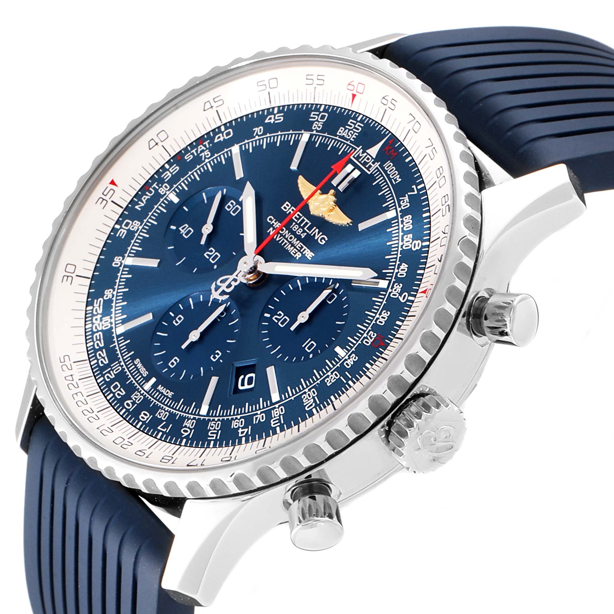 The Breitling Navitimer AB01274A/CA14 Men's Stainless Steel Blue Dial AB01274A/CA14 Men's Stainless Steel Blue Dial watch is shown at a slight angled side view, highlighting the blue face, chronograph dials, and bezel.