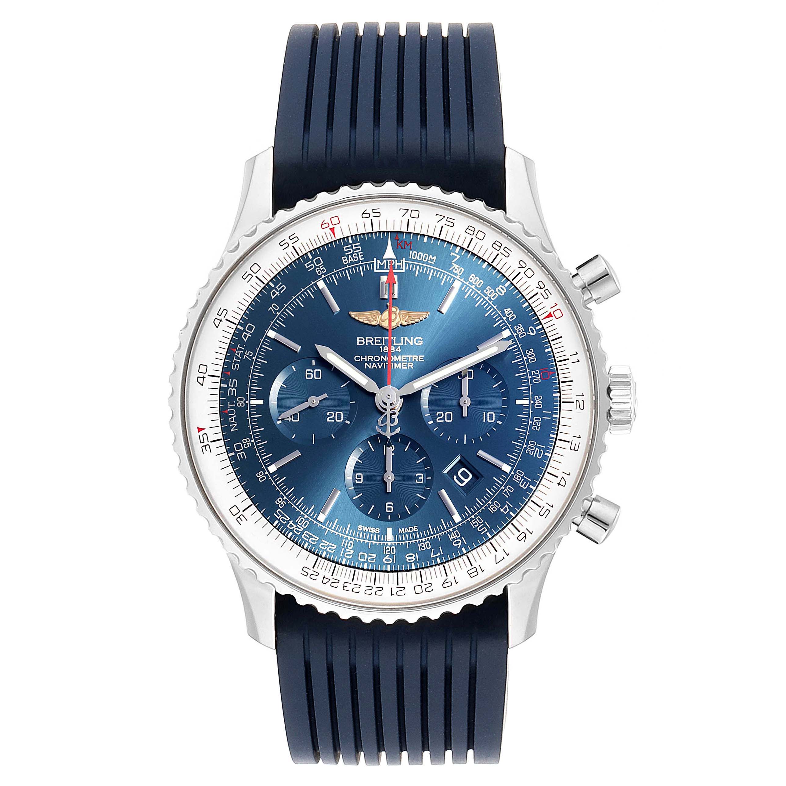 This image shows a front view of the Breitling Navitimer AB01274A/CA14 Men's Stainless Steel Blue Dial AB01274A/CA14 Men's Stainless Steel Blue Dial watch with a blue dial and strap.
