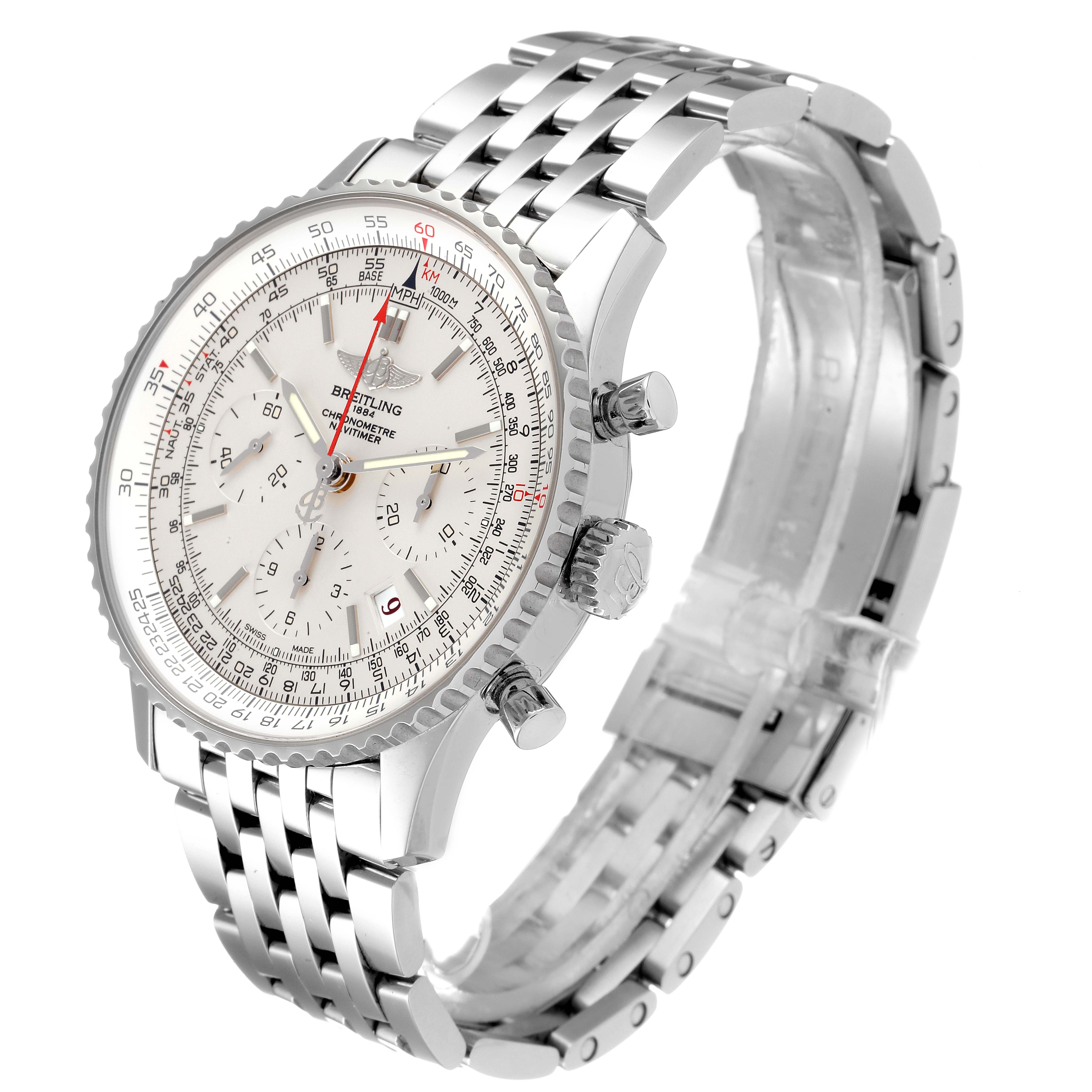 The Breitling Navitimer AB0123 Men's Stainless Steel Silver Dial AB0123 Men's Stainless Steel Silver Dial watch is shown at a three-quarter angle, displaying its face, bezel, buttons, and metal bracelet.