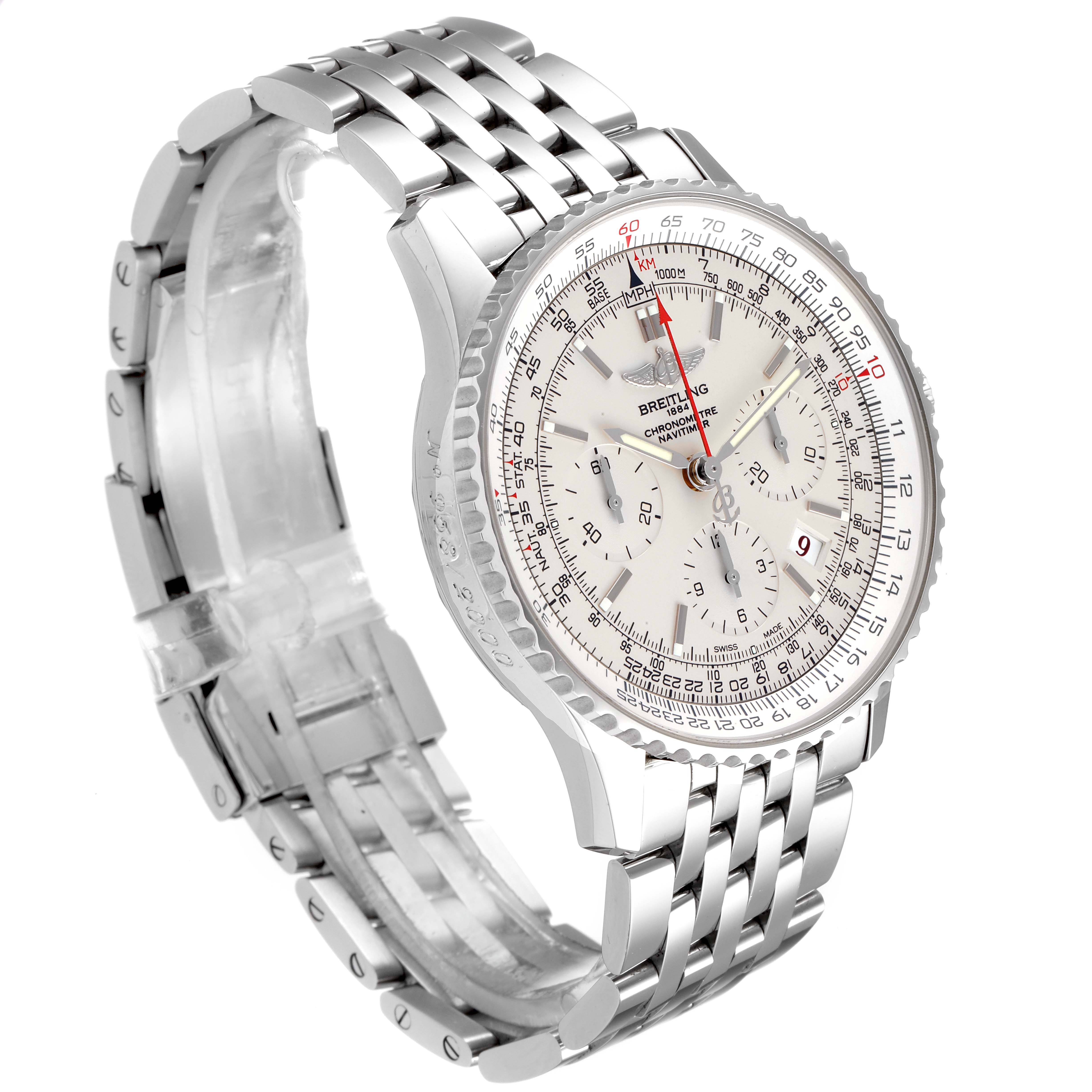 The image shows a front-side angle of the Breitling Navitimer AB0123 Men's Stainless Steel Silver Dial AB0123 Men's Stainless Steel Silver Dial watch, highlighting the dial and metal bracelet.