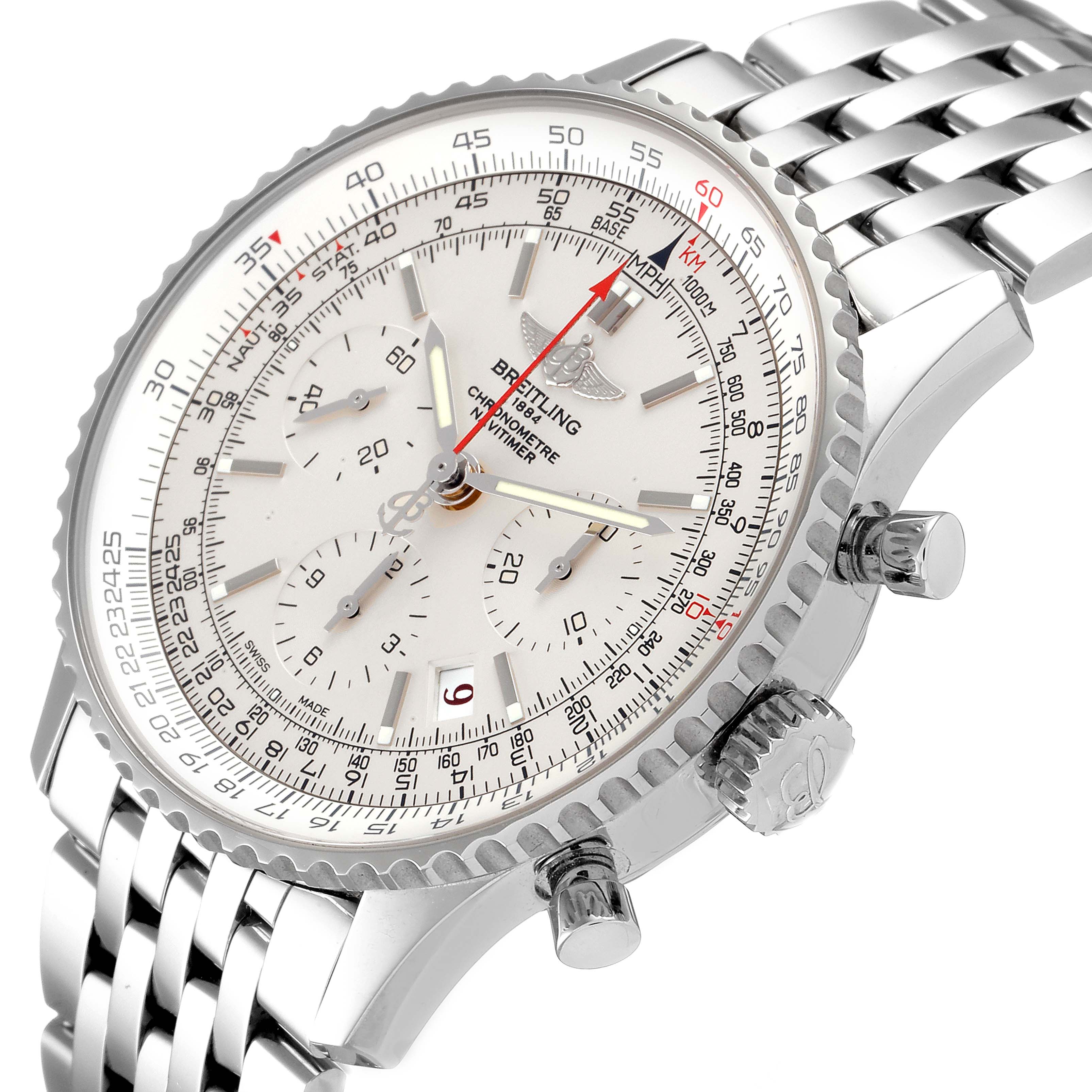 The image shows a close-up angle of the Breitling Navitimer AB0123 Men's Stainless Steel Silver Dial AB0123 Men's Stainless Steel Silver Dial watch, highlighting its dial, bezel, crown, and bracelet.