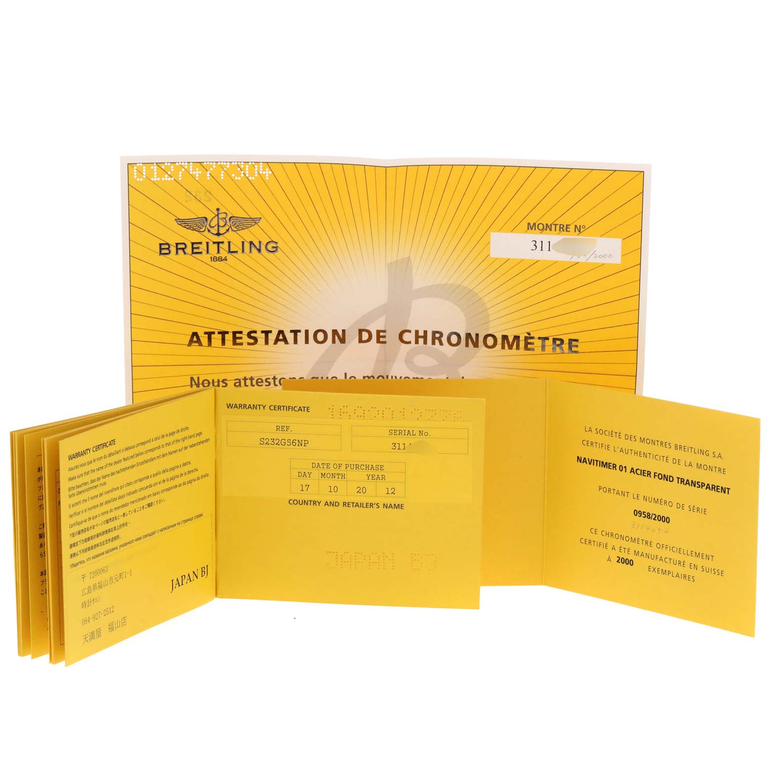 The image shows warranty certificates and an attestation document for the Breitling Navitimer AB0123 Men's Stainless Steel Silver Dial AB0123 Men's Stainless Steel Silver Dial watch model.