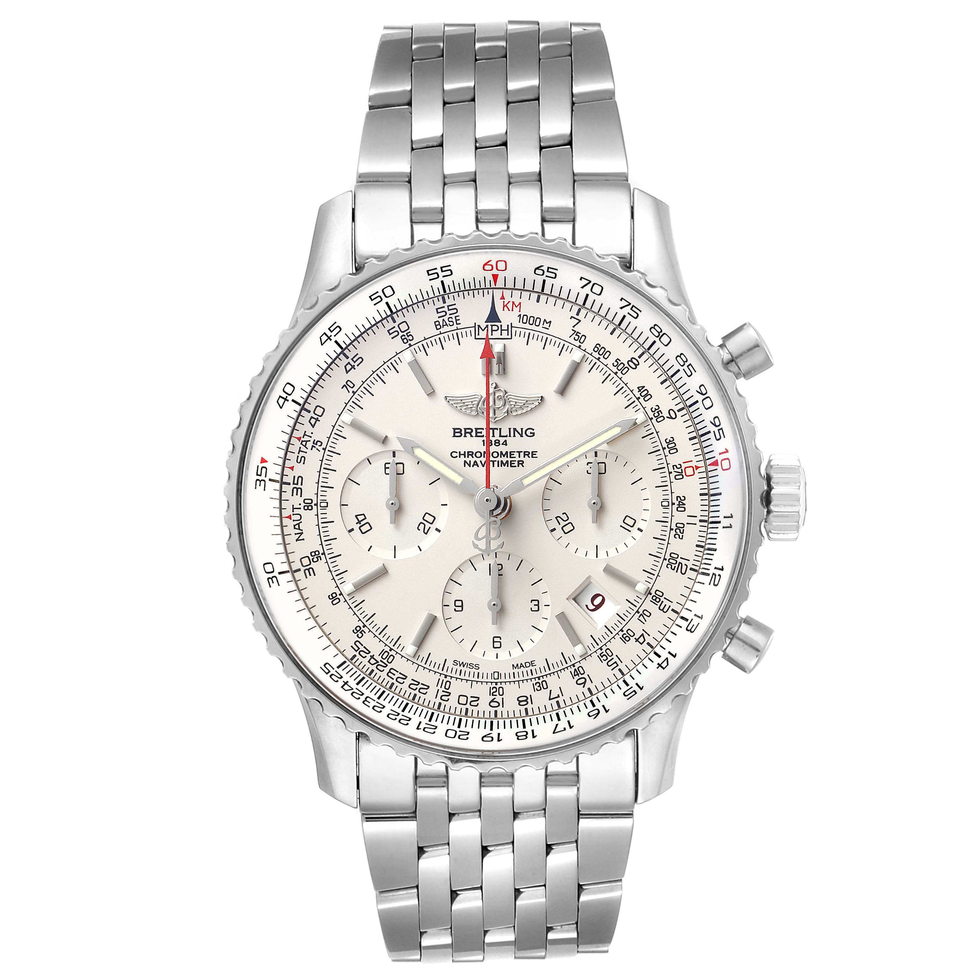 The image shows a front view of a Breitling Navitimer AB0123 Men's Stainless Steel Silver Dial AB0123 Men's Stainless Steel Silver Dial watch displaying the dial, bezel, and bracelet.