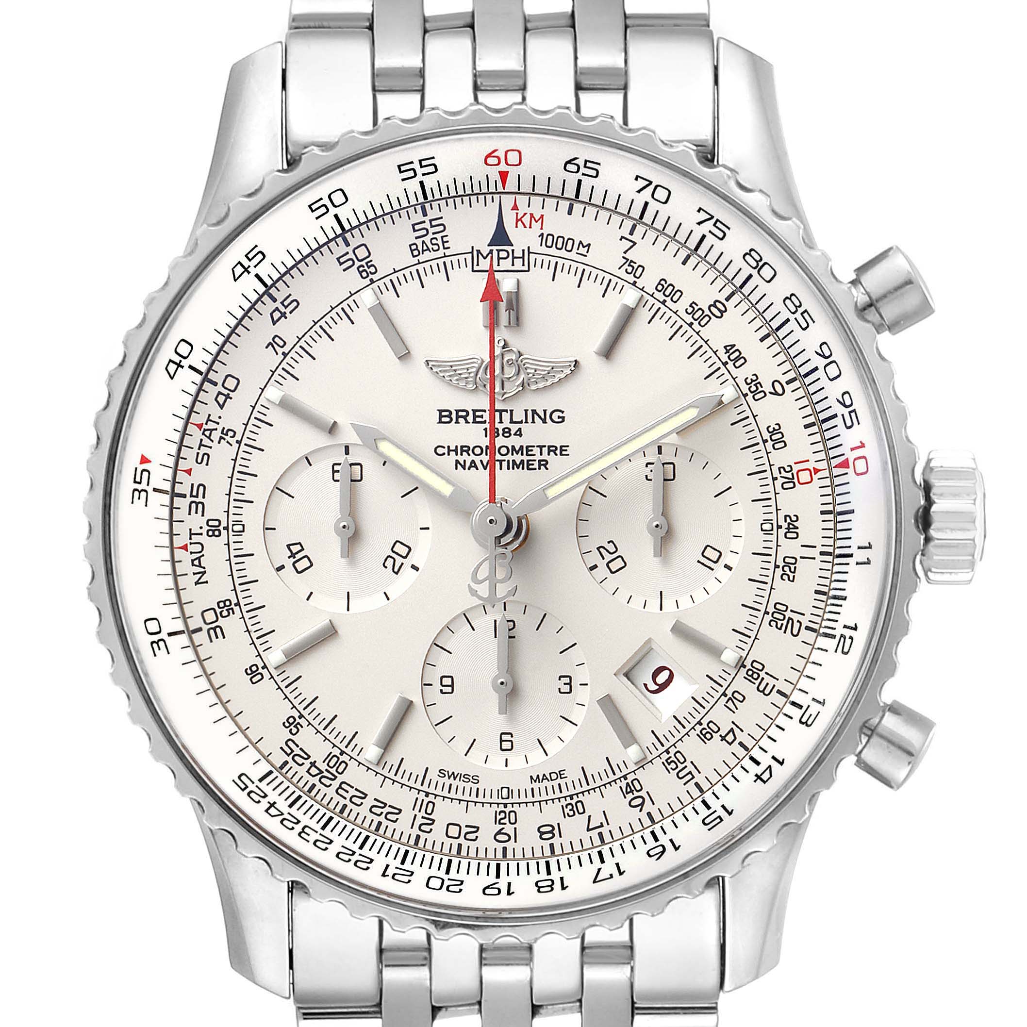This image shows a front view of a Breitling Navitimer AB0123 Men's Stainless Steel Silver Dial AB0123 Men's Stainless Steel Silver Dial watch, highlighting its dial, chronograph sub-dials, and bracelet.