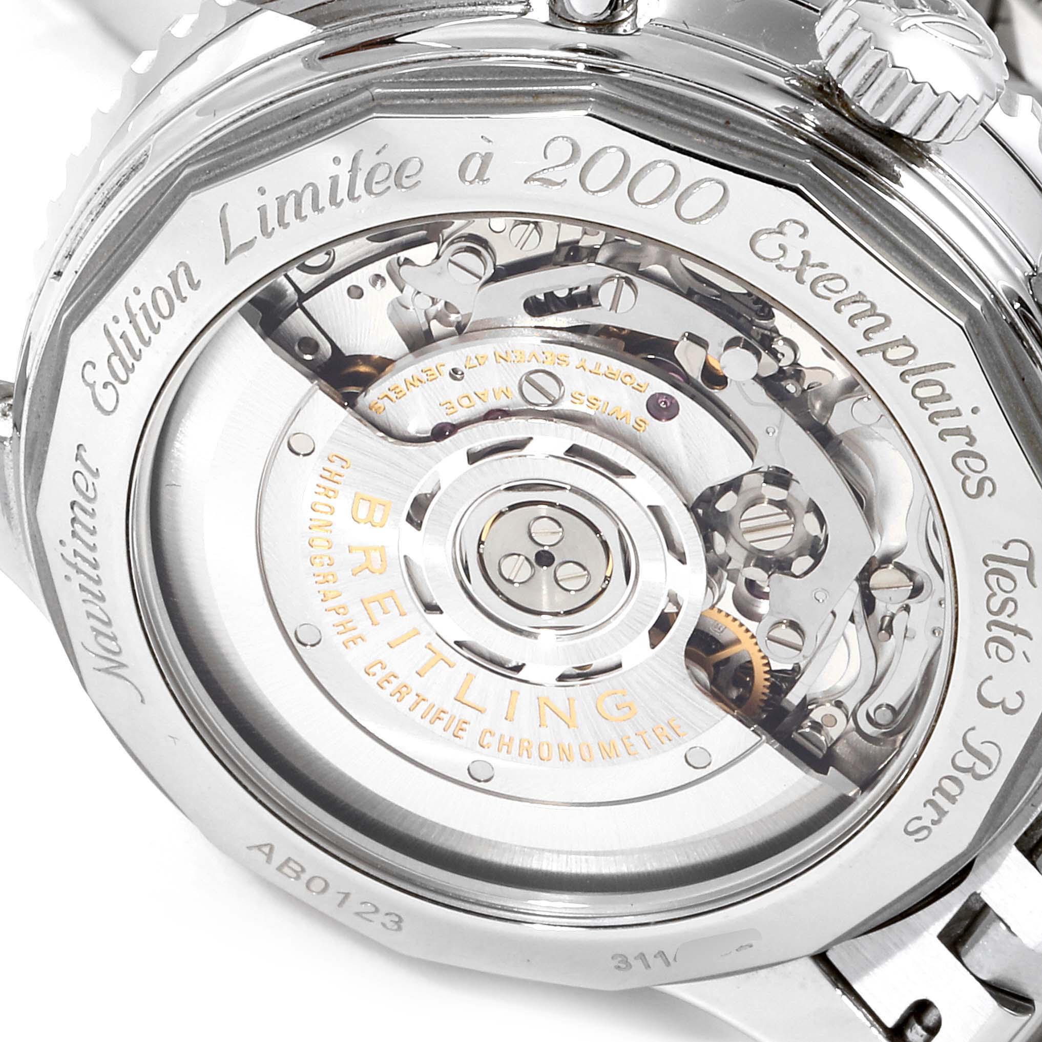 The image shows the back view of a Breitling Navitimer AB0123 Men's Stainless Steel Silver Dial AB0123 Men's Stainless Steel Silver Dial watch, highlighting the movement and limited edition inscriptions.