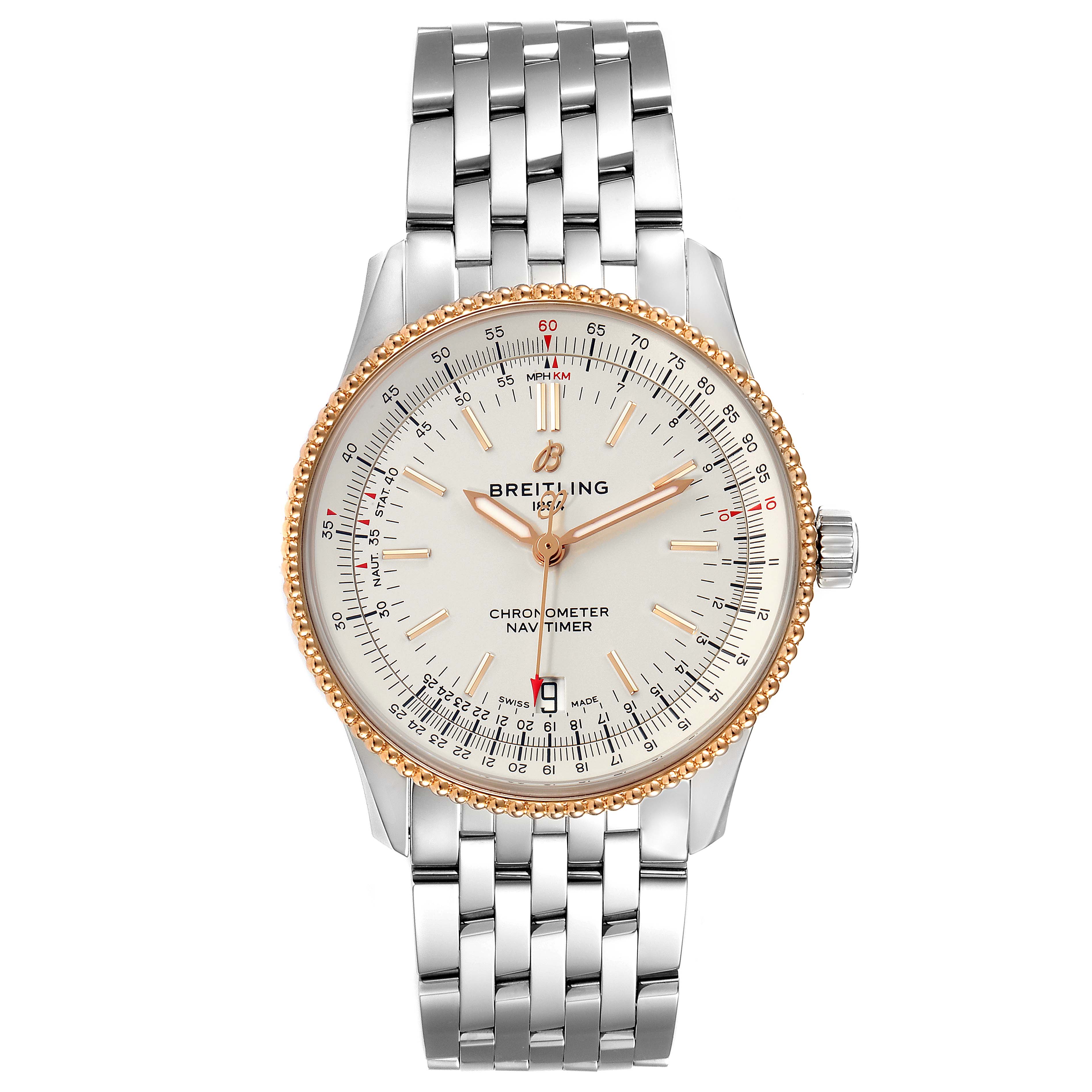 This image shows a front view of a Breitling Navitimer U17325211G1A1 Men
s Stainless Steel Silver Dial U17325211G1A1 Men
s Stainless Steel Silver Dial watch, featuring the dial, bezel, and bracelet.