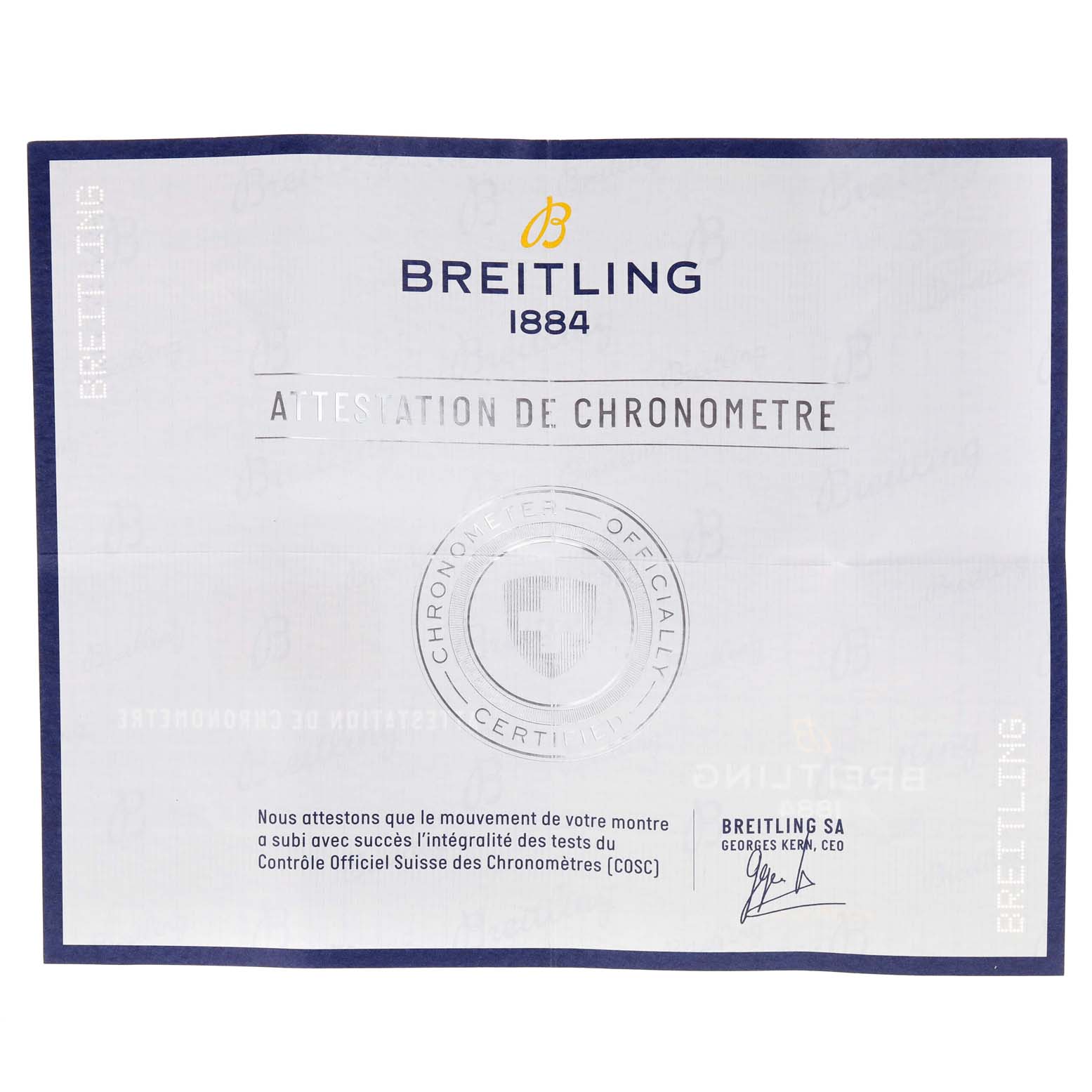 This image shows a Breitling Navitimer U17325211G1A1 Men
s Stainless Steel Silver Dial U17325211G1A1 Men
s Stainless Steel Silver Dial chronometer certificate with the Breitling logo and text.