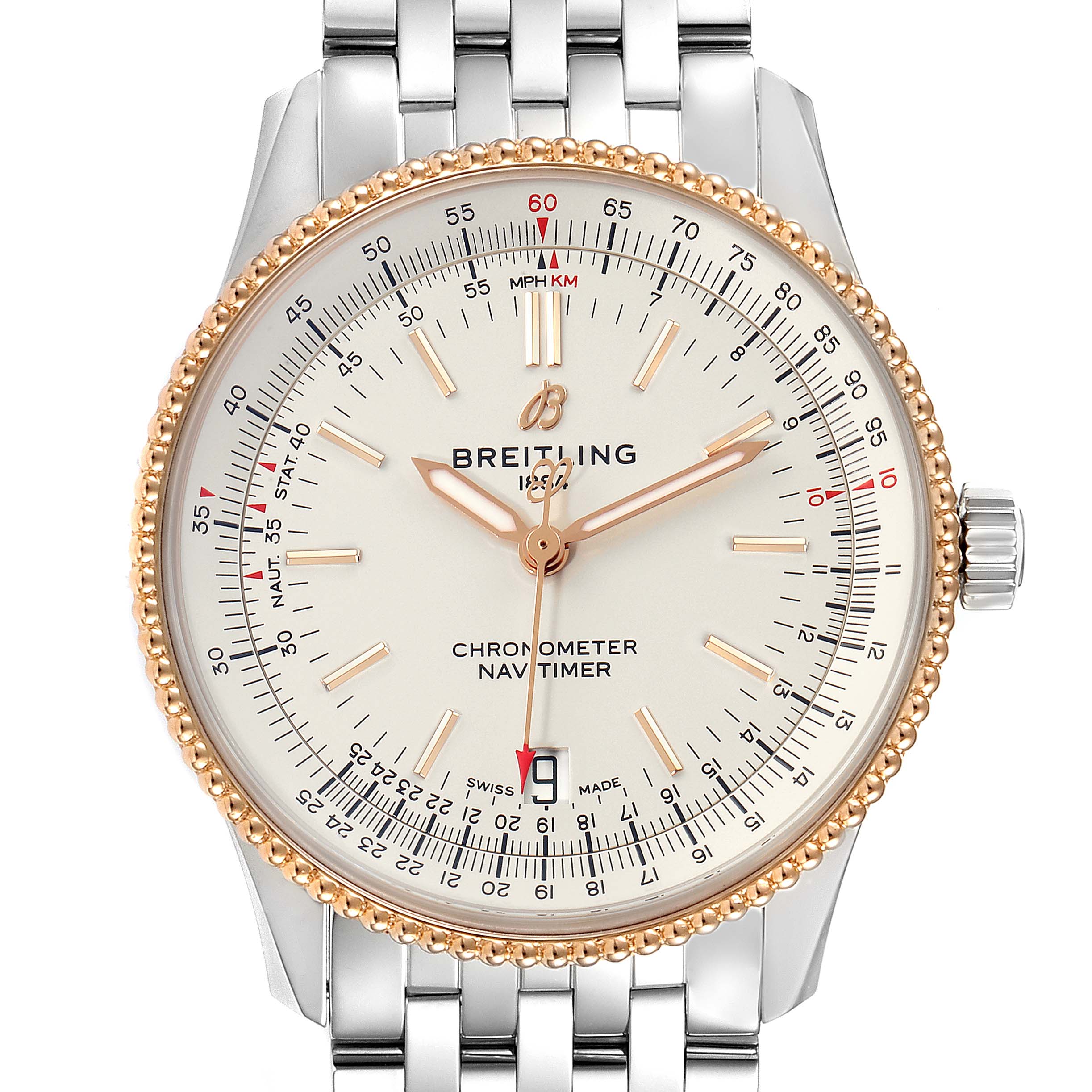 The image shows a front view of the Breitling Navitimer U17325211G1A1 Men
s Stainless Steel Silver Dial U17325211G1A1 Men
s Stainless Steel Silver Dial Chronometer watch, highlighting the dial, time markers, bezel, and bracelet.