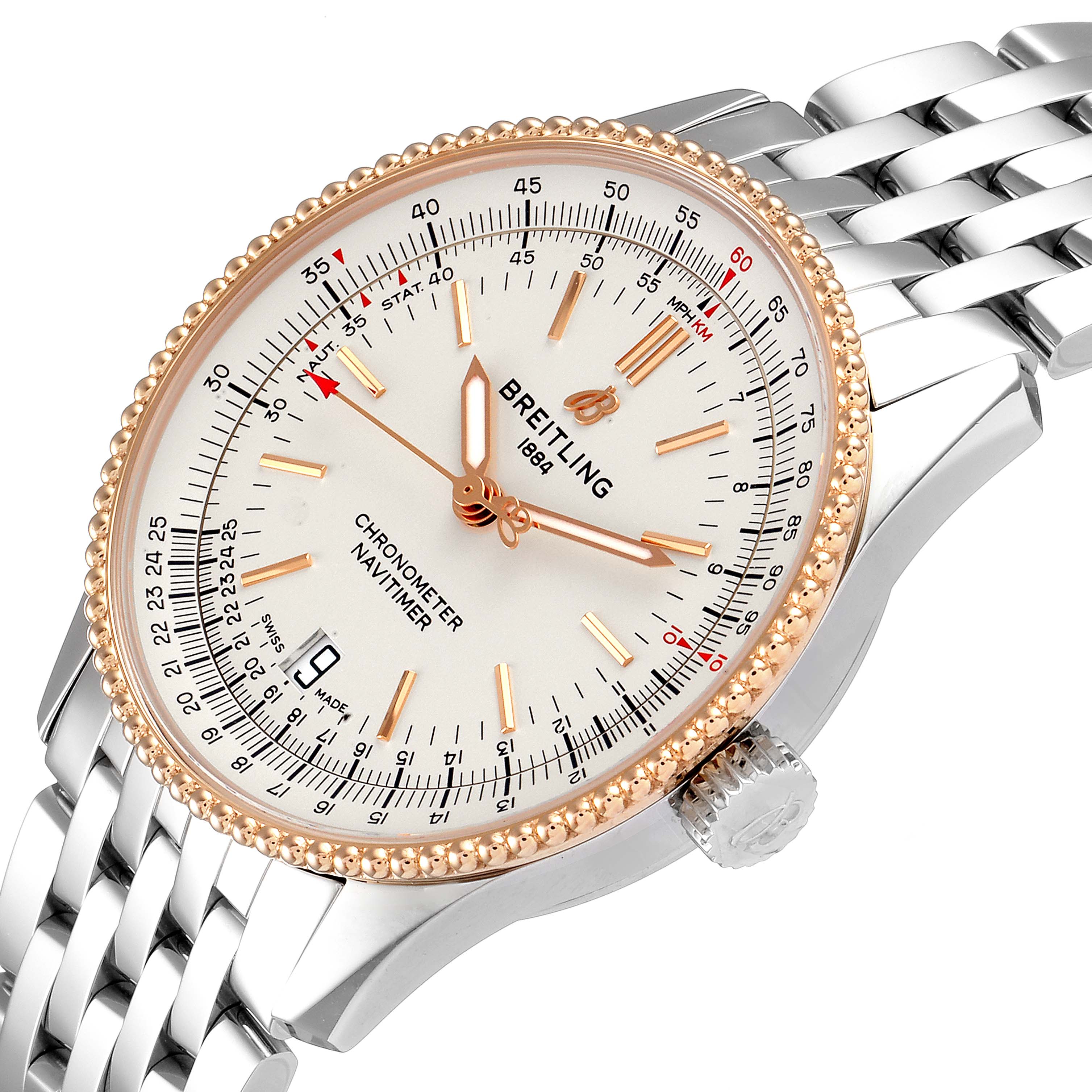 This Breitling Navitimer U17325211G1A1 Men
s Stainless Steel Silver Dial U17325211G1A1 Men
s Stainless Steel Silver Dial watch is shown at an angle displaying the face, bezel, and part of the bracelet.