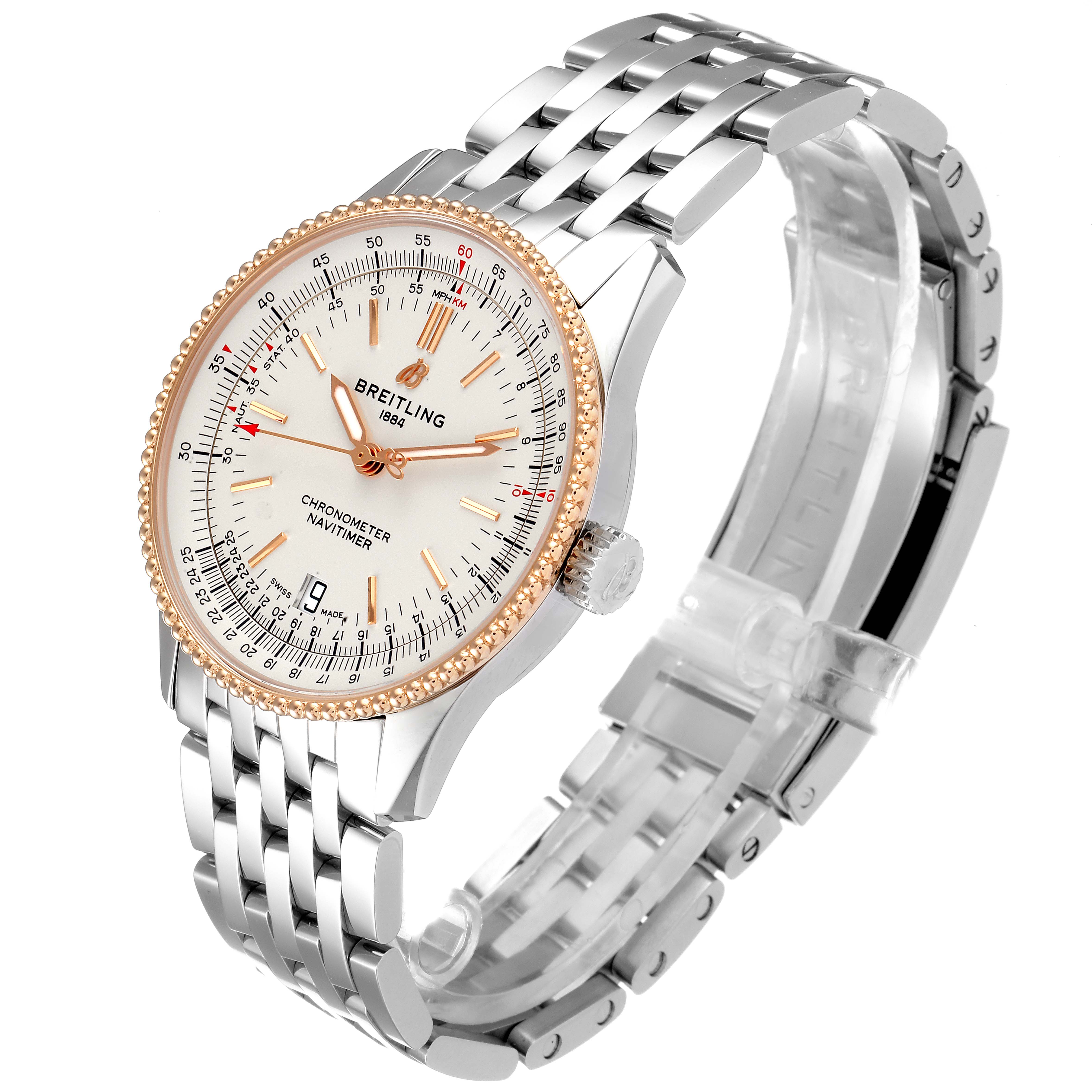 The image shows a Breitling Navitimer U17325211G1A1 Men
s Stainless Steel Silver Dial U17325211G1A1 Men
s Stainless Steel Silver Dial watch at an oblique angle, highlighting its face, bezel, crown, and metal bracelet.