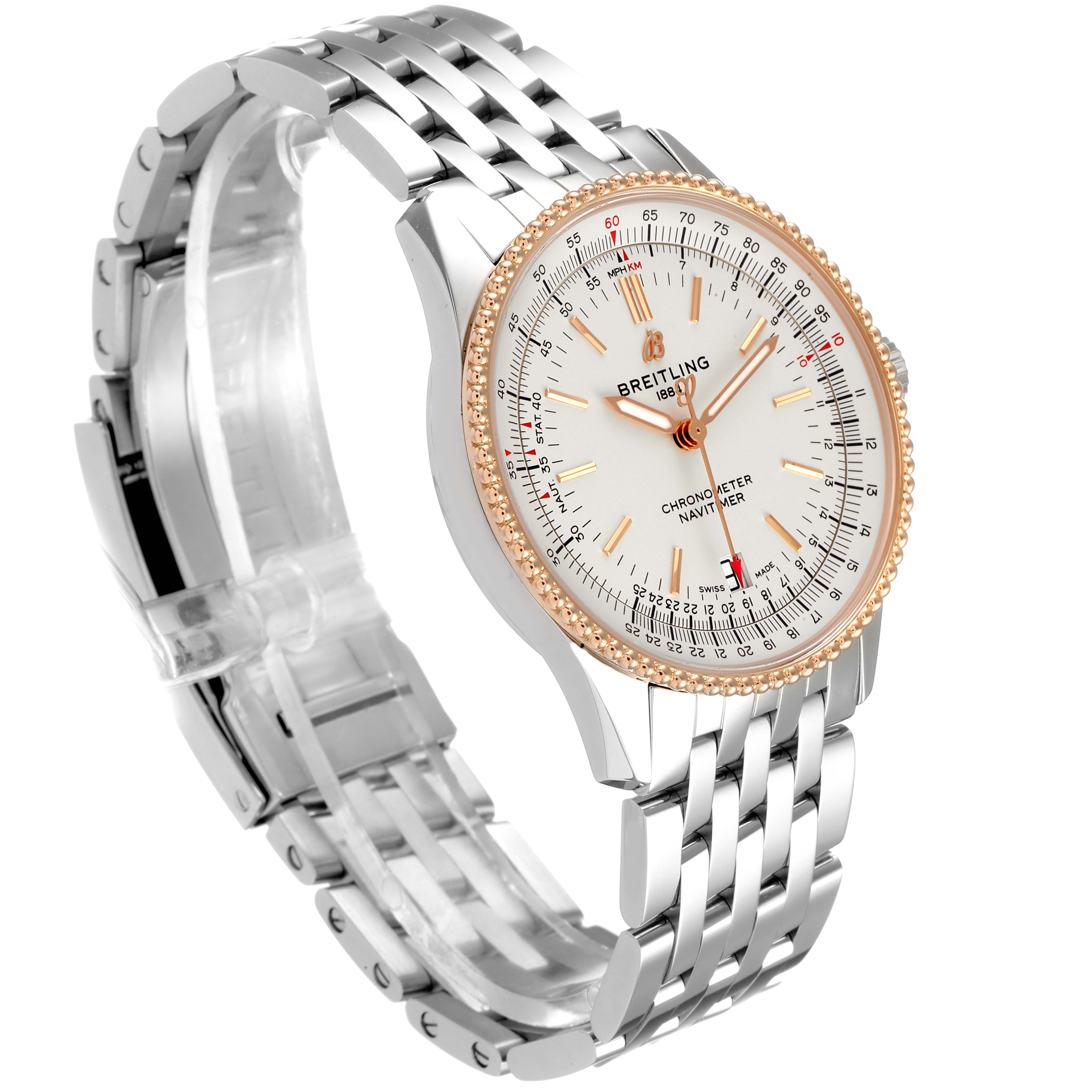 The image shows a Breitling Navitimer U17325211G1A1 Men
s Stainless Steel Silver Dial U17325211G1A1 Men
s Stainless Steel Silver Dial watch at a three-quarter angle, highlighting its face, bezel, and metal bracelet.