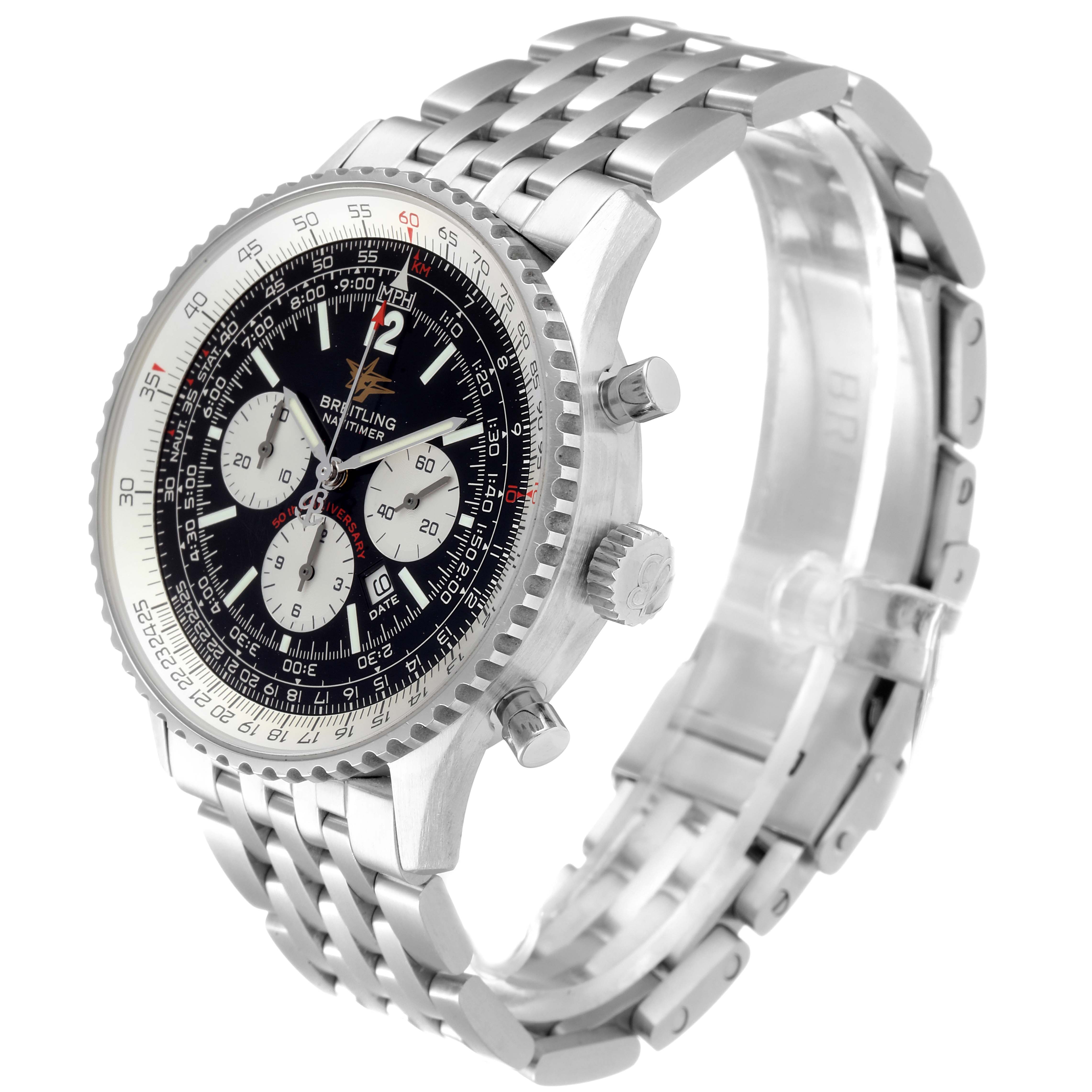 The image shows a Breitling Navitimer A41322 Men
s Stainless Steel Black Dial A41322 Men
s Stainless Steel Black Dial watch from an angle revealing the face, bezel, crown, pushers, and metal bracelet.
