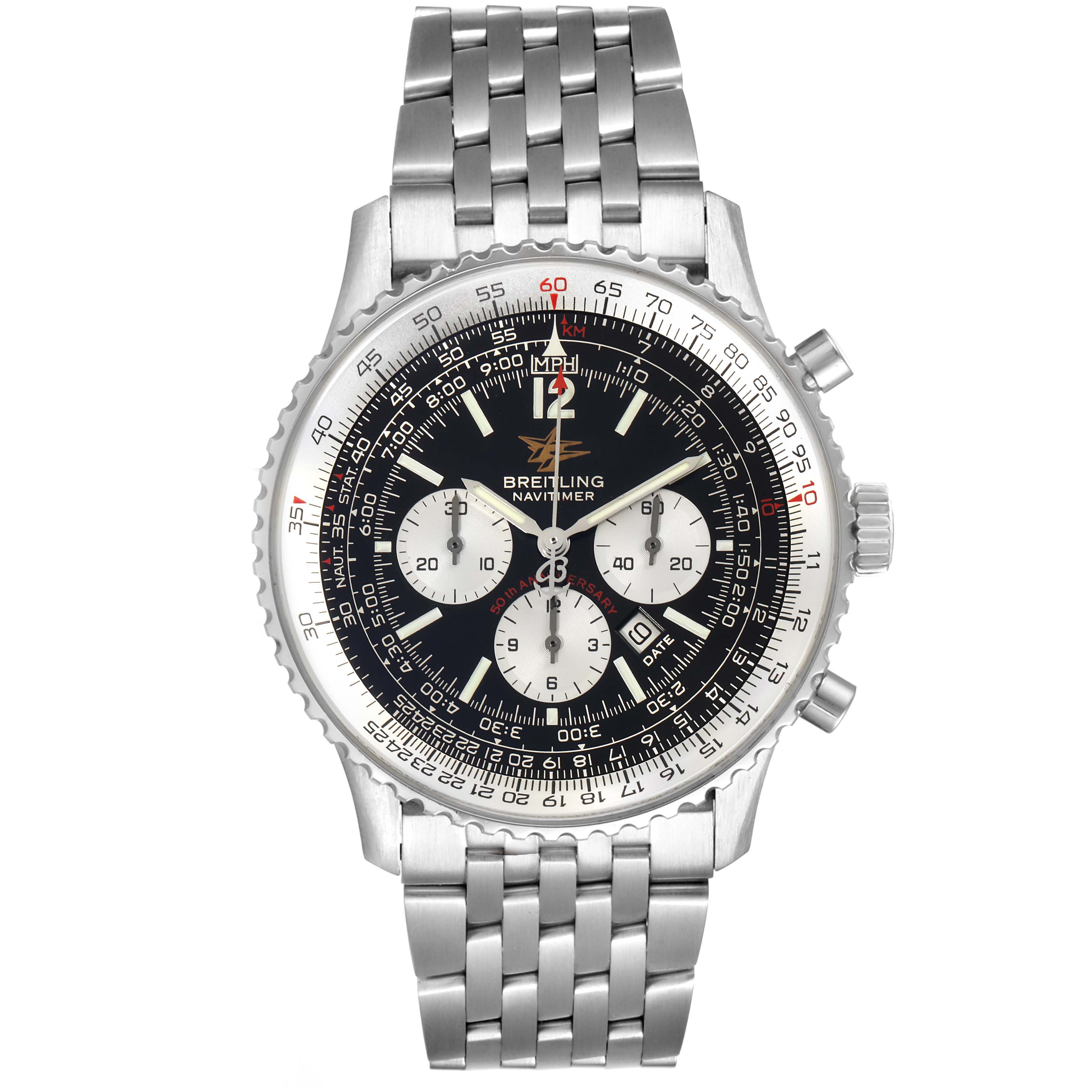 This image shows a frontal view of a Breitling Navitimer A41322 Men
s Stainless Steel Black Dial A41322 Men
s Stainless Steel Black Dial watch, highlighting the dial, bezel, and metal bracelet.