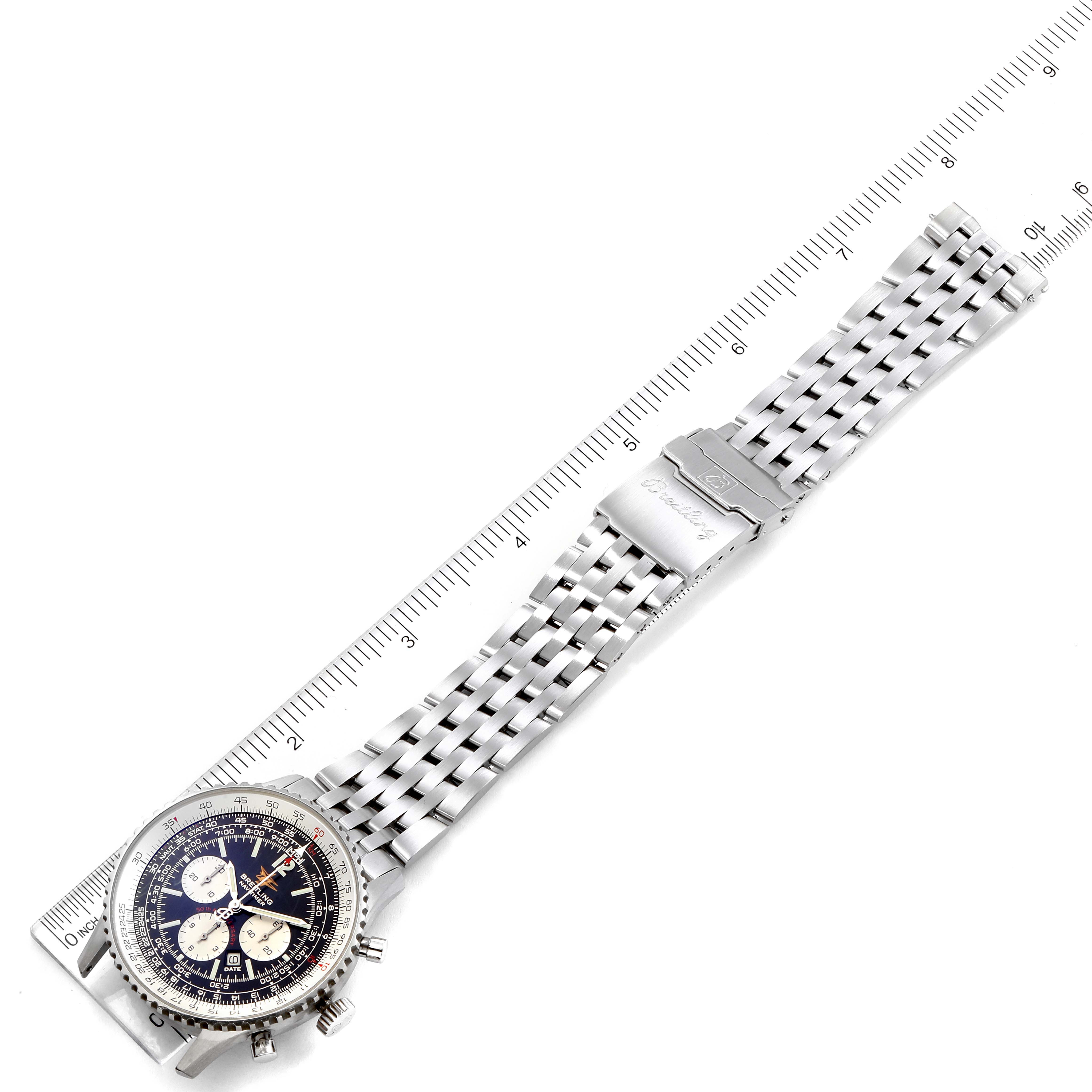 The image shows a top-down view of a Breitling Navitimer A41322 Men
s Stainless Steel Black Dial A41322 Men
s Stainless Steel Black Dial watch, fully extended with its face, bezel, and bracelet visible.