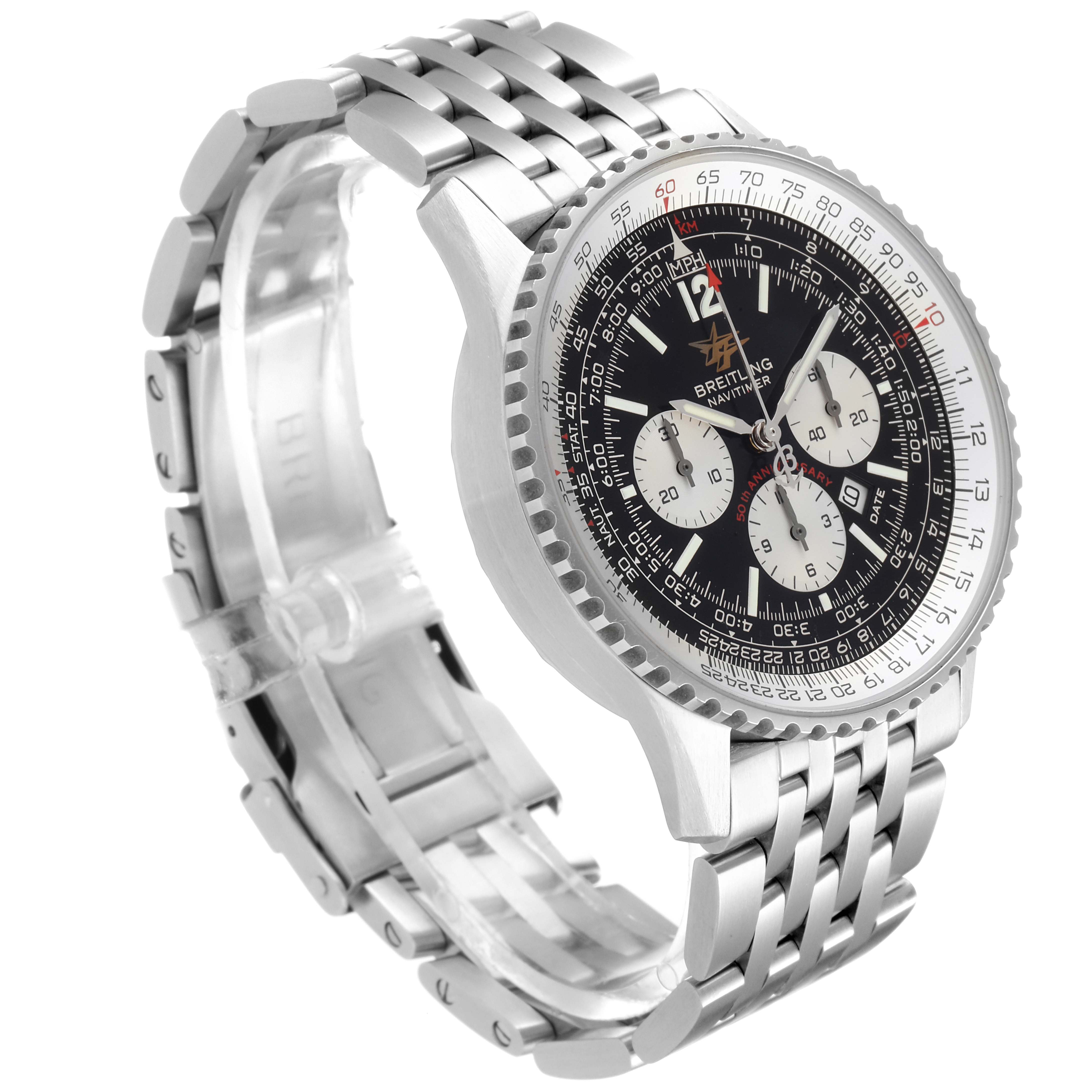 The image shows a side angle of a Breitling Navitimer A41322 Men
s Stainless Steel Black Dial A41322 Men
s Stainless Steel Black Dial watch highlighting its stainless steel bracelet, bezel, and dial.