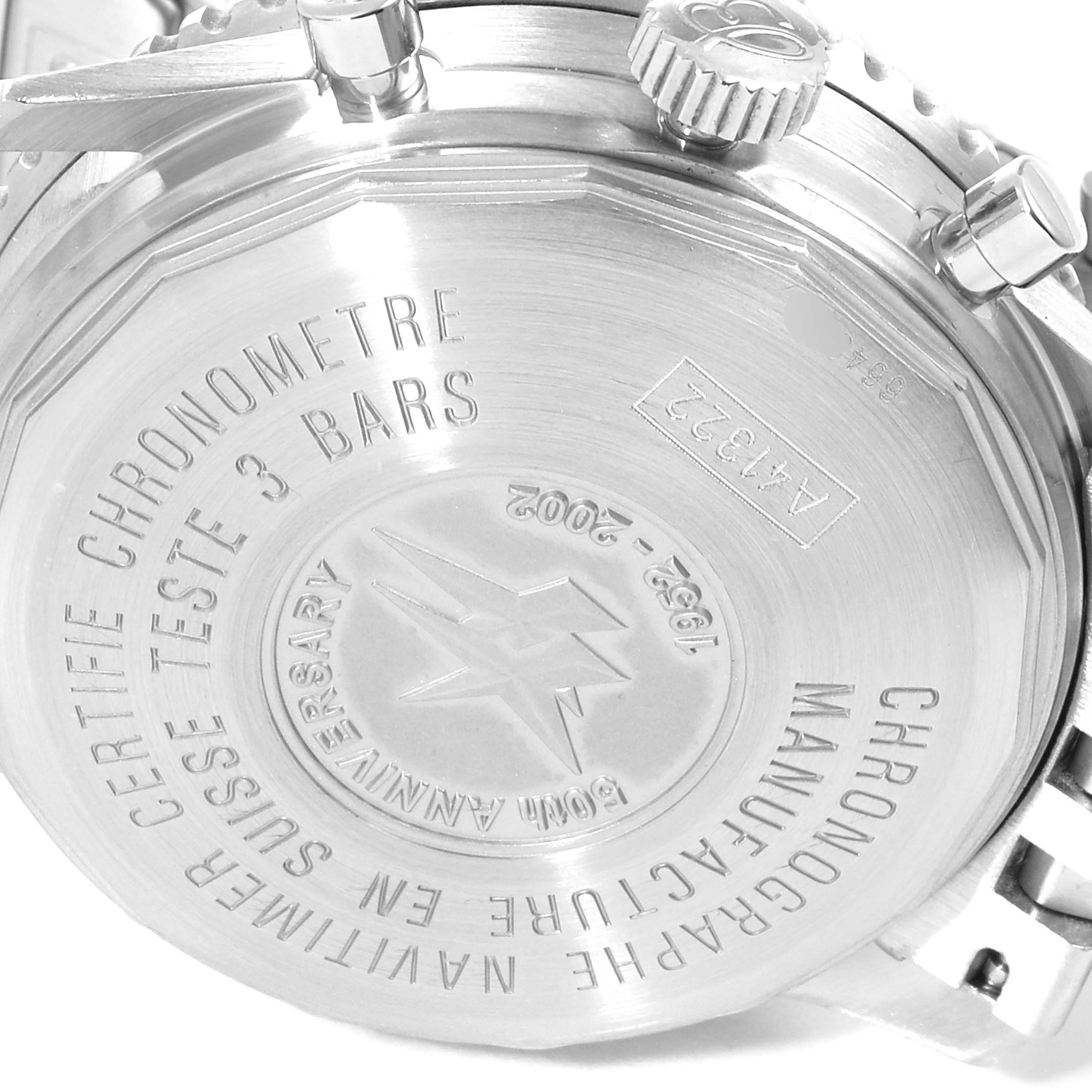 The image shows the back case of a Breitling Navitimer A41322 Men
s Stainless Steel Black Dial A41322 Men
s Stainless Steel Black Dial watch, featuring engraved text and branding.