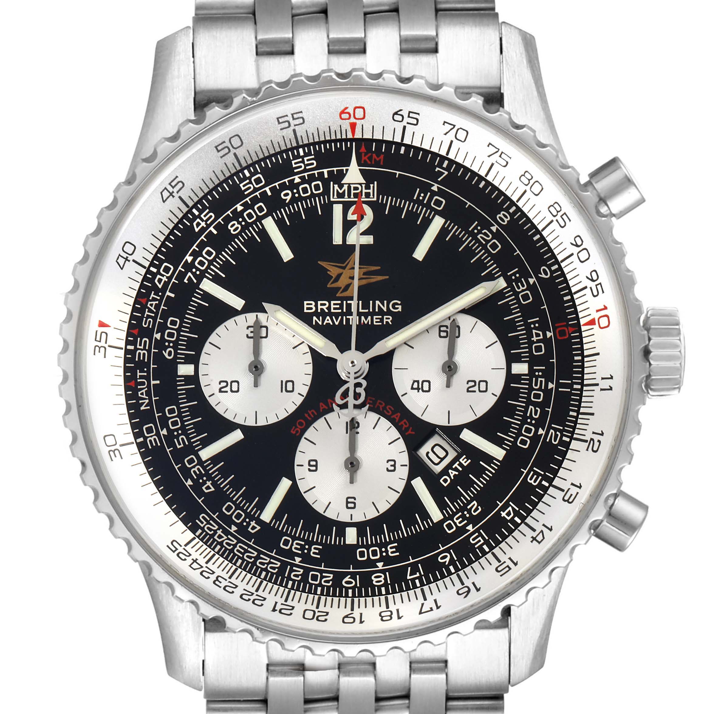 The image shows a front-facing angle of a Breitling Navitimer A41322 Men
s Stainless Steel Black Dial A41322 Men
s Stainless Steel Black Dial watch, highlighting the dial, bezel, subdials, and bracelet.