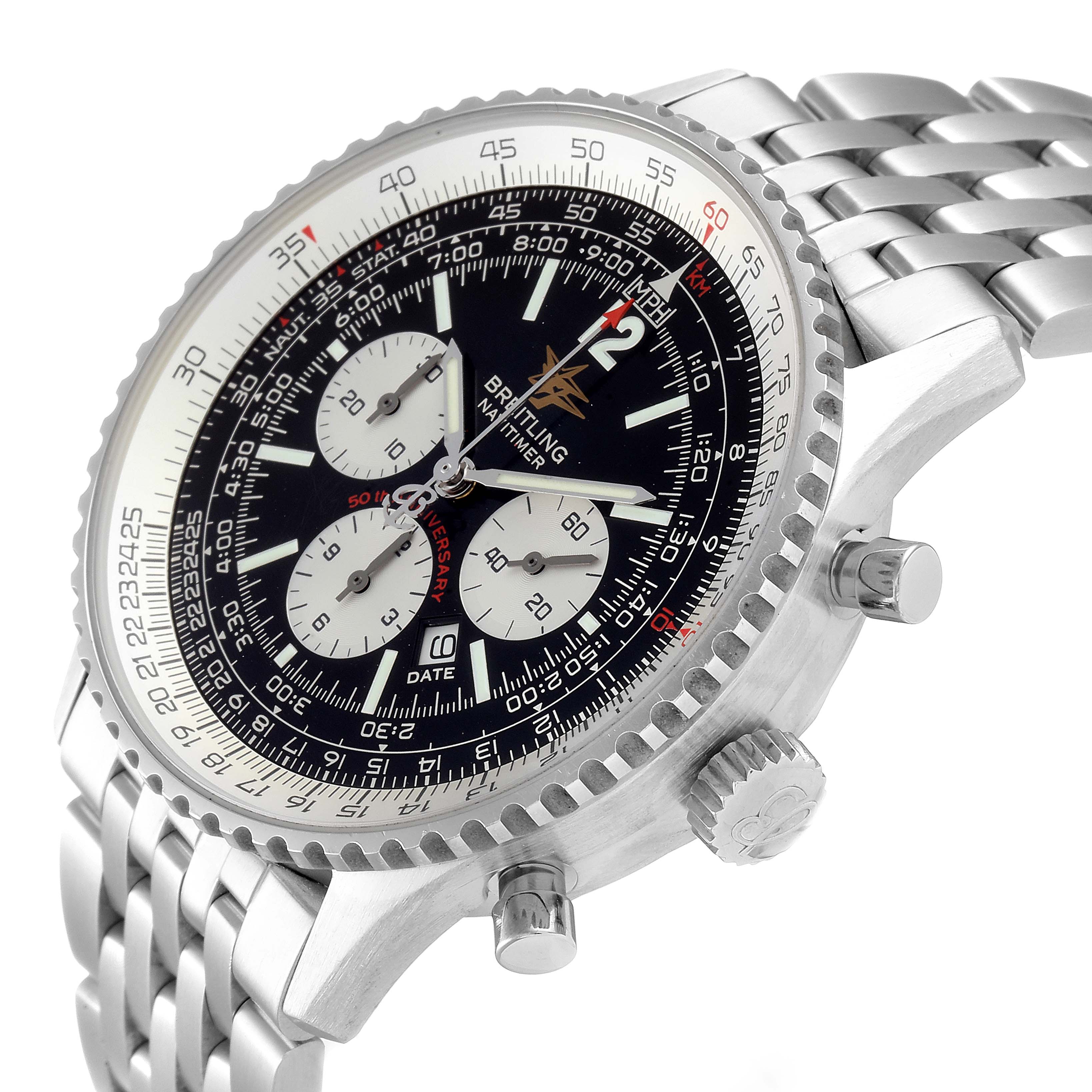 The image shows the Breitling Navitimer A41322 Men
s Stainless Steel Black Dial A41322 Men
s Stainless Steel Black Dial watch at a slight angle, highlighting its dial, bezel, pushers, and bracelet.