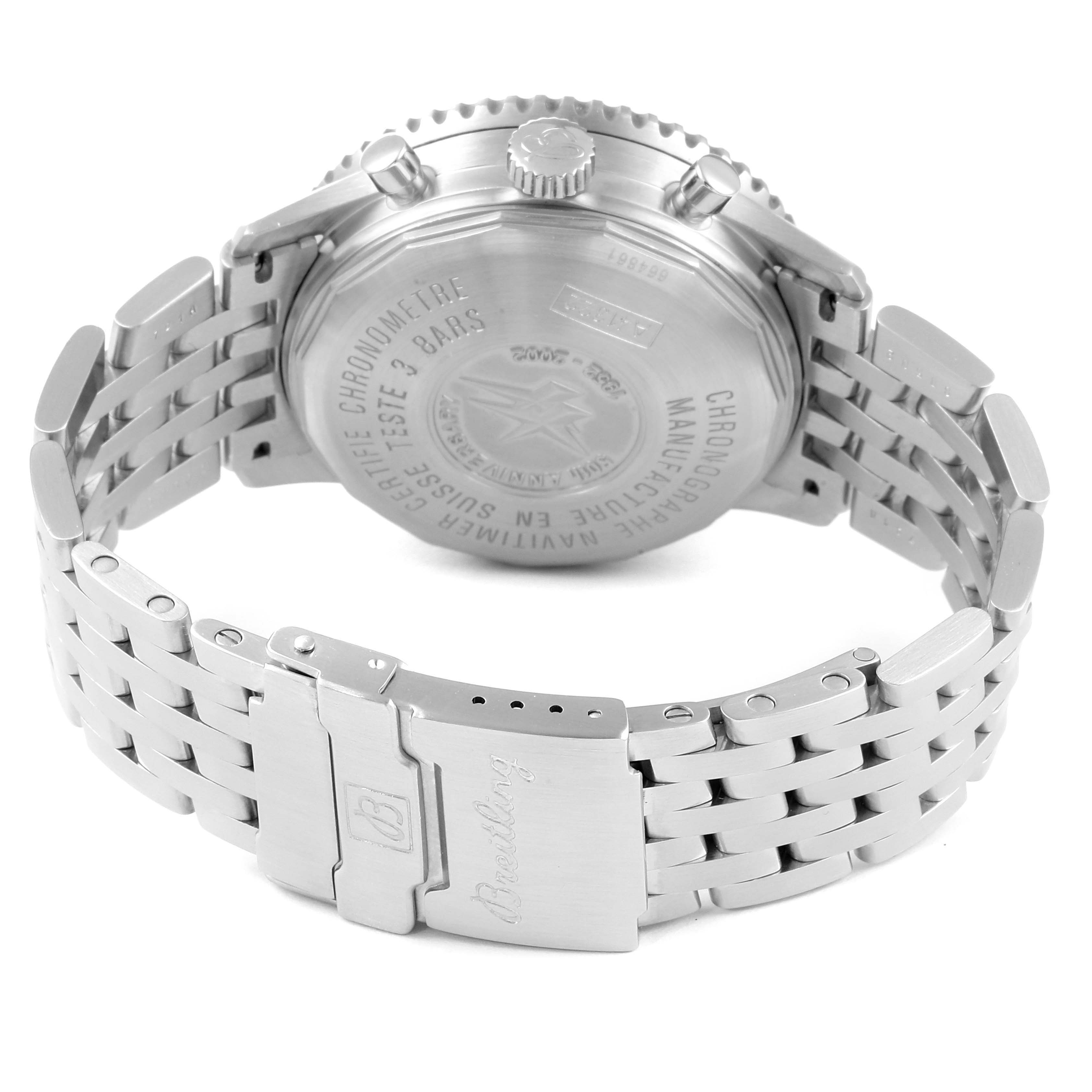 The image shows the back and clasp of a Breitling Navitimer A41322 Men
s Stainless Steel Black Dial A41322 Men
s Stainless Steel Black Dial watch, displaying the case back engravings and metal bracelet.