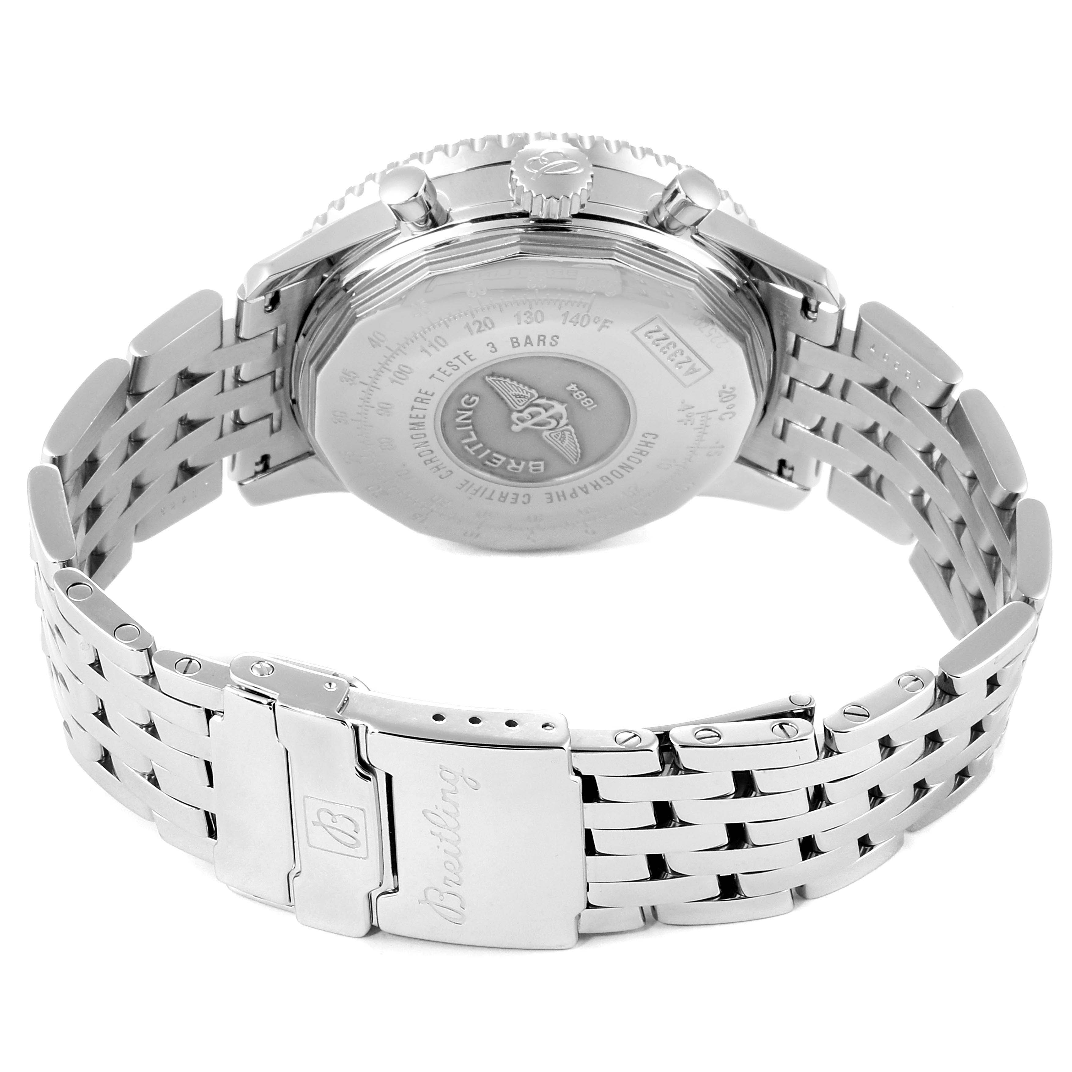 The image shows the back and clasp of a Breitling Navitimer A23322 Men
s Stainless Steel Black Dial A23322 Men
s Stainless Steel Black Dial watch from a rear angle.