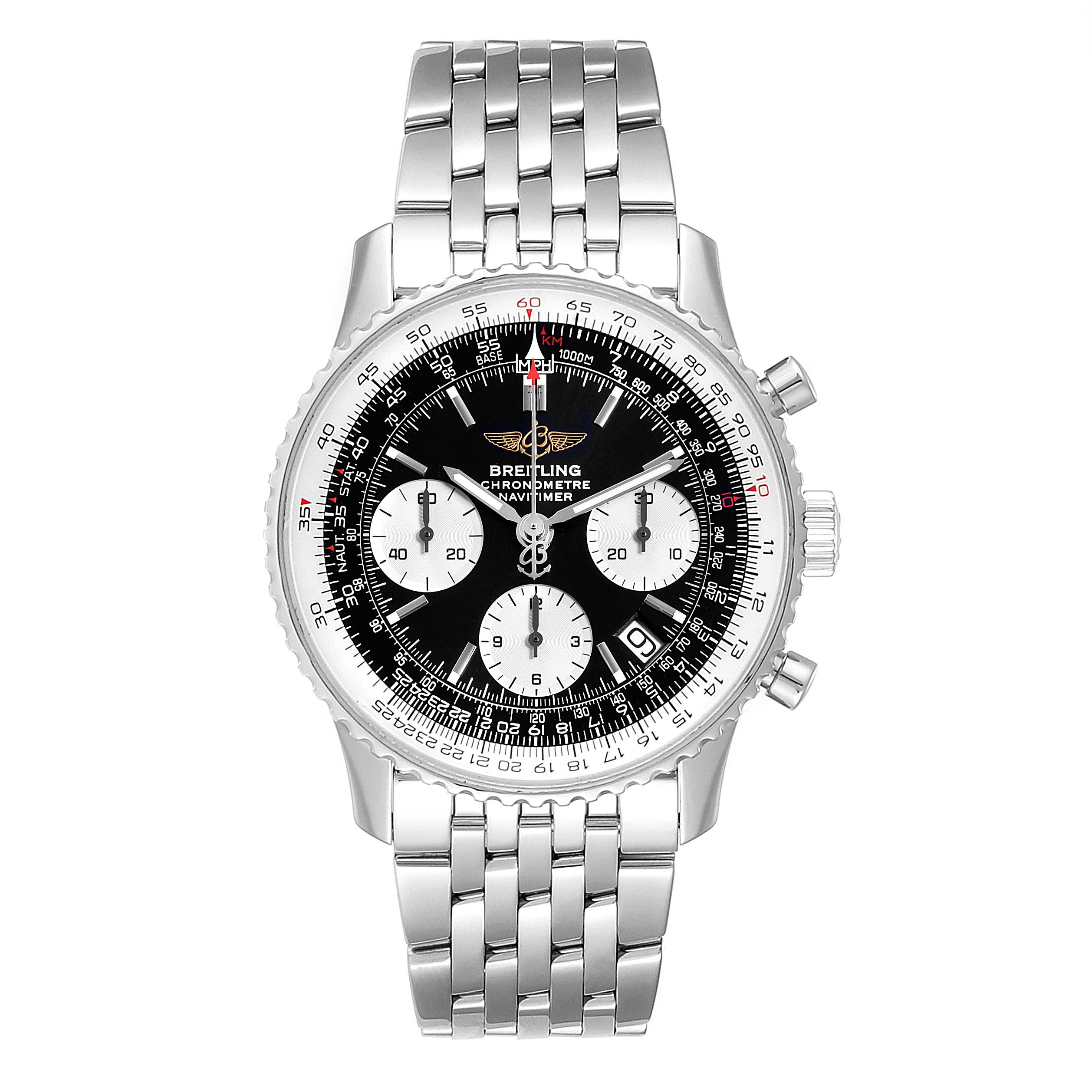 This image shows the front view of a Breitling Navitimer A23322 Men
s Stainless Steel Black Dial A23322 Men
s Stainless Steel Black Dial watch, highlighting its dial, chronographs, bezel, and metal bracelet.