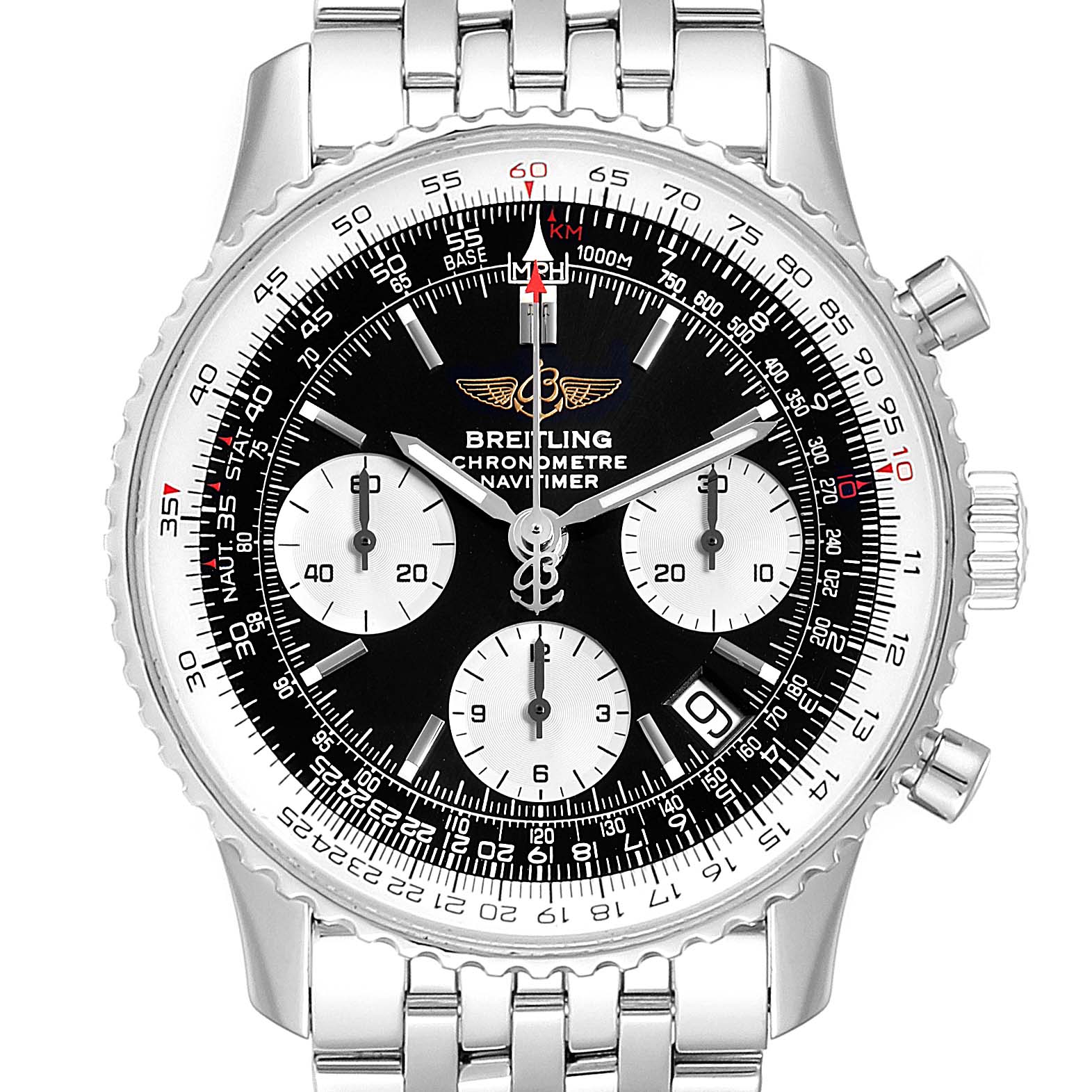 The image shows a front view of a Breitling Navitimer A23322 Men
s Stainless Steel Black Dial A23322 Men
s Stainless Steel Black Dial watch, displaying its black dial, chronograph subdials, and metal bracelet.