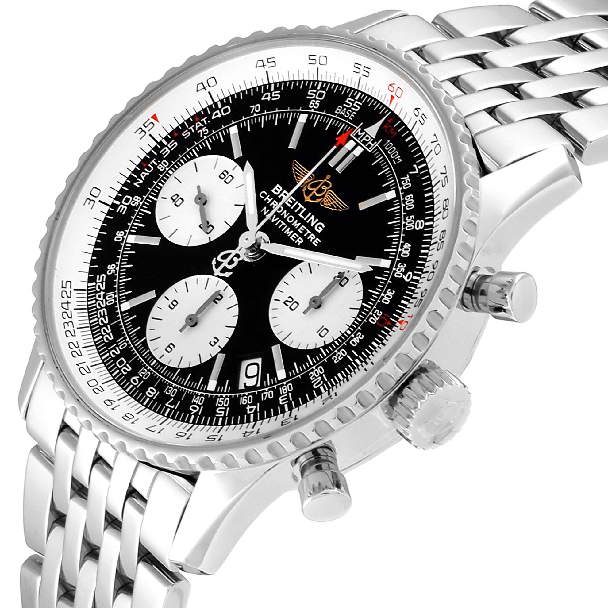 The image shows a close-up of the Breitling Navitimer A23322 Men
s Stainless Steel Black Dial A23322 Men
s Stainless Steel Black Dial watch
s dial, bezel, crown, pushers, and metal bracelet at an angled view.