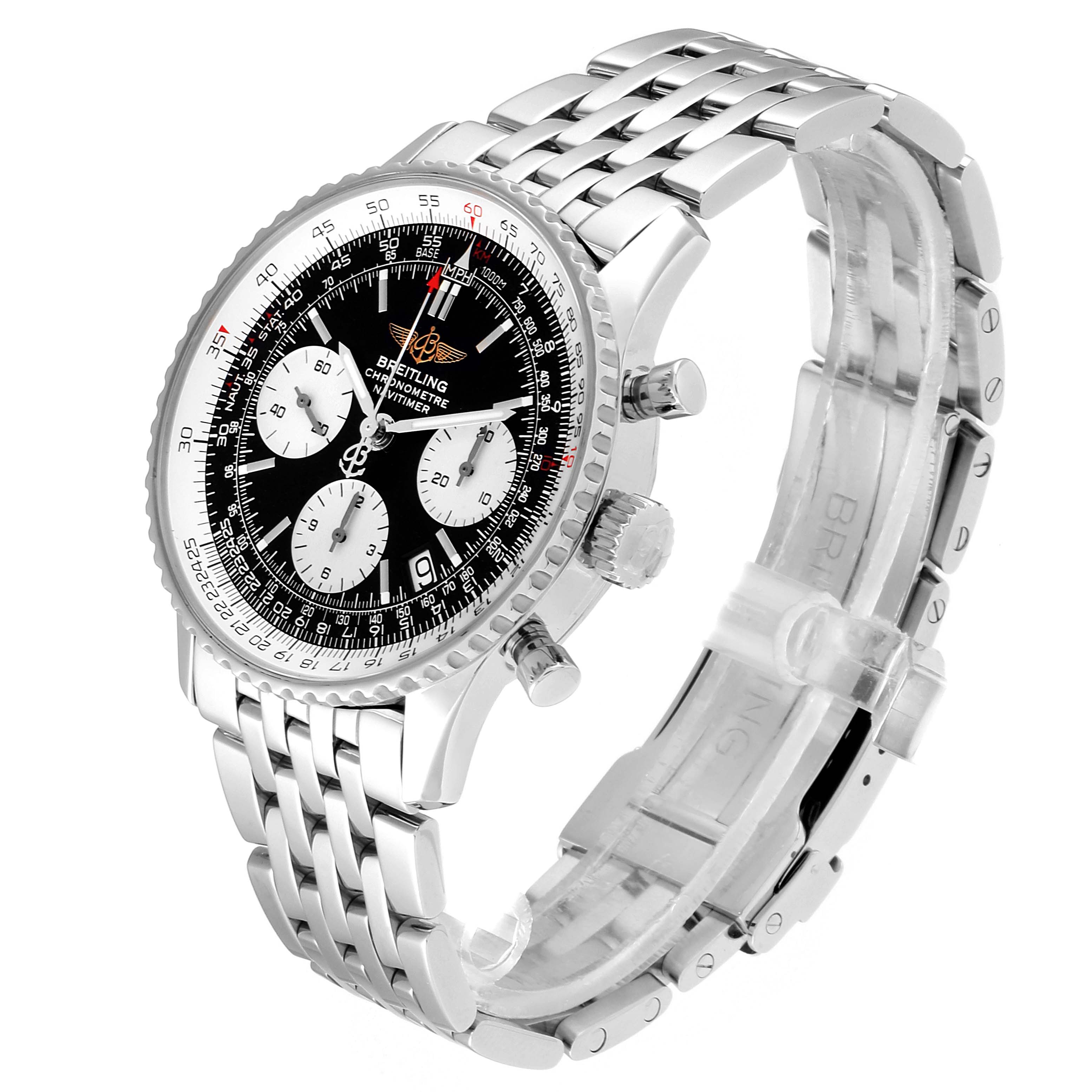 The image shows a side angle of a Breitling Navitimer A23322 Men
s Stainless Steel Black Dial A23322 Men
s Stainless Steel Black Dial watch focusing on the dial, bezel, crown, pushers, and bracelet.