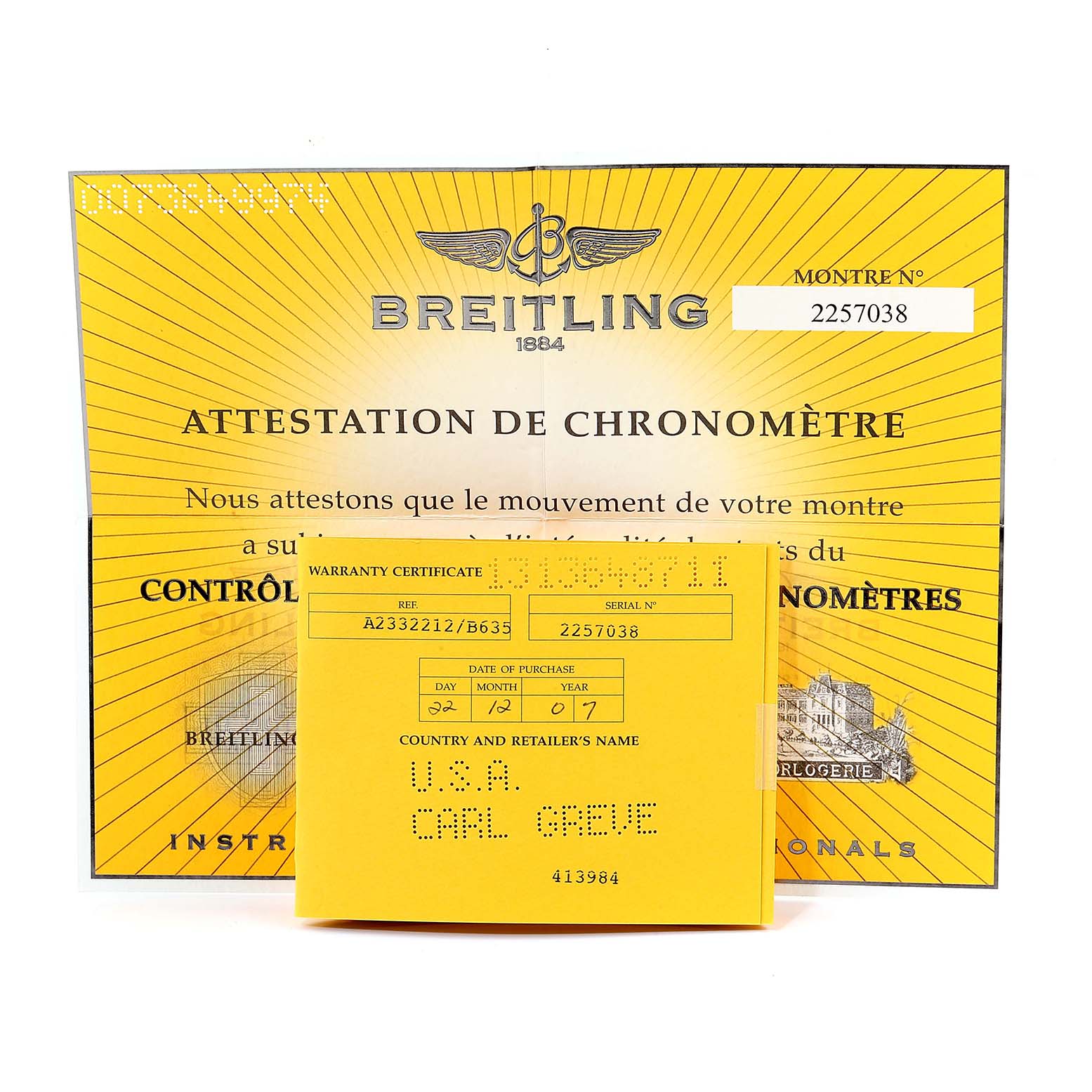 The image shows a warranty certificate and attestation of chronometer for the Breitling Navitimer A23322 Men
s Stainless Steel Black Dial A23322 Men
s Stainless Steel Black Dial watch model.