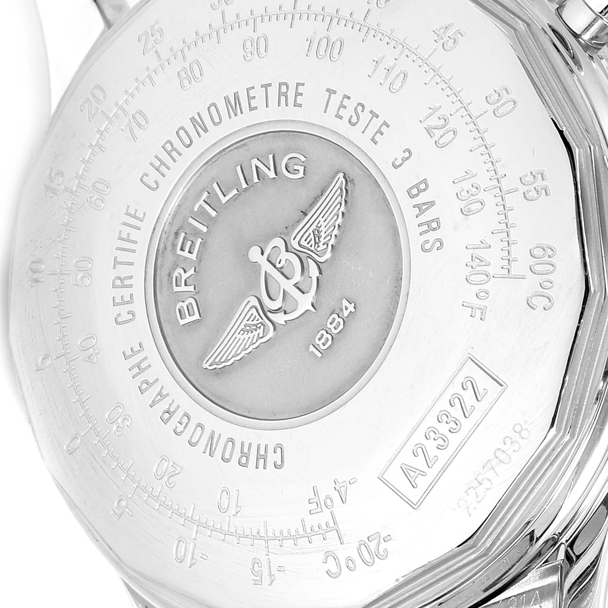 The image shows the case back of a Breitling Navitimer A23322 Men
s Stainless Steel Black Dial A23322 Men
s Stainless Steel Black Dial, displaying the brand
s logo and certification details.