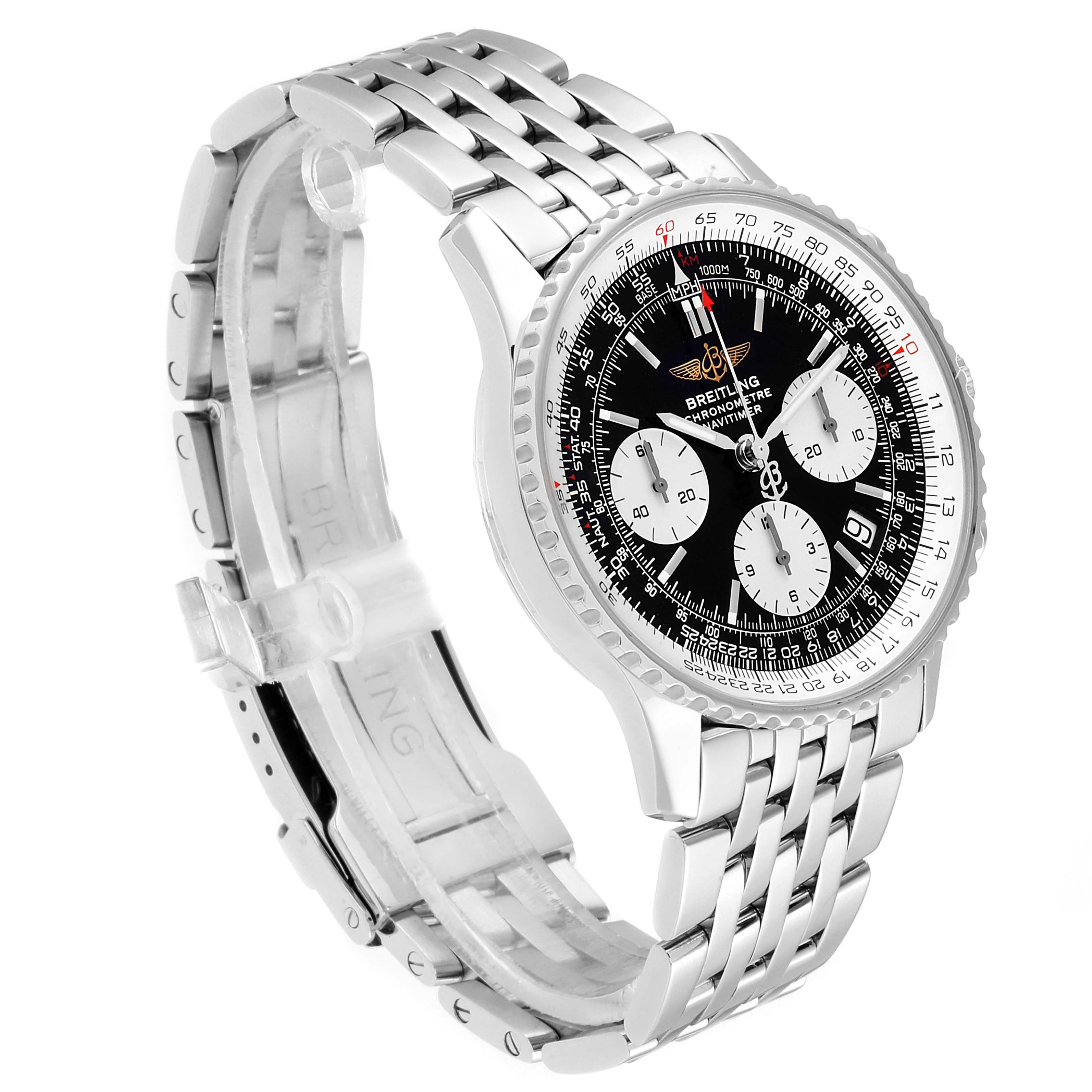The watch is shown at a three-quarter angle showcasing the face, bezel, and metal bracelet of the Breitling Navitimer A23322 Men
s Stainless Steel Black Dial A23322 Men
s Stainless Steel Black Dial model.