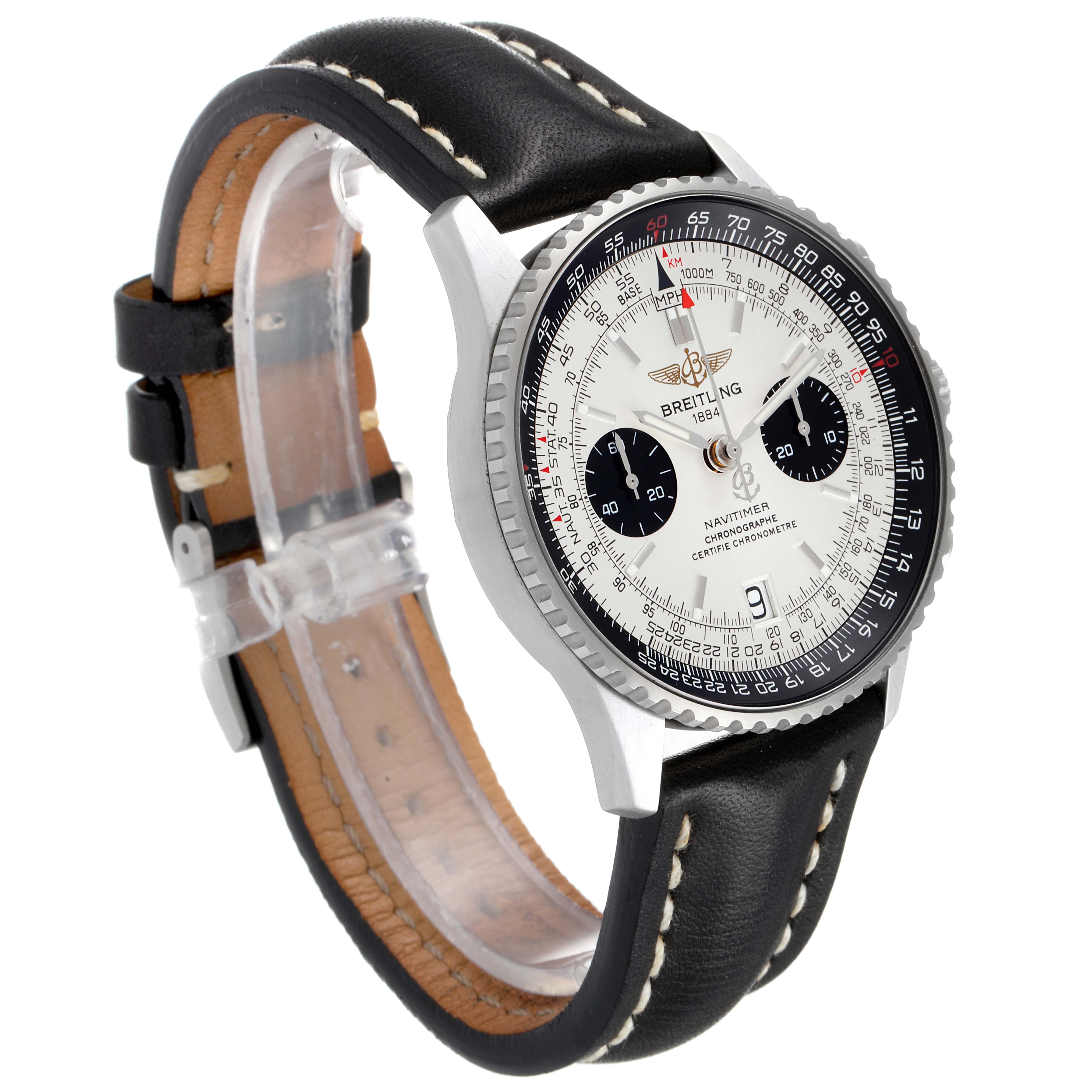 The image shows a Breitling Navitimer A23330 Men's Stainless Steel Silver Dial A23330 Men's Stainless Steel Silver Dial watch at an angle highlighting its face, bezel, and black leather strap.