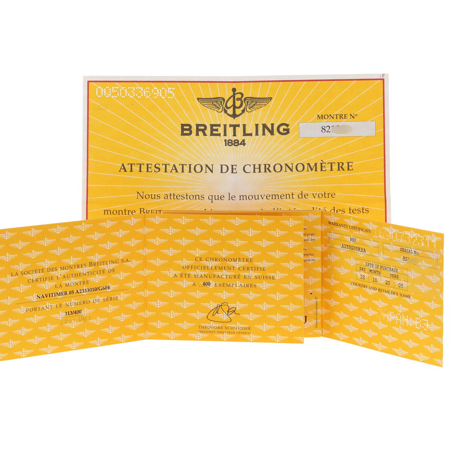 The image shows certification and warranty papers for the Breitling Navitimer A23330 Men's Stainless Steel Silver Dial A23330 Men's Stainless Steel Silver Dial watch.
