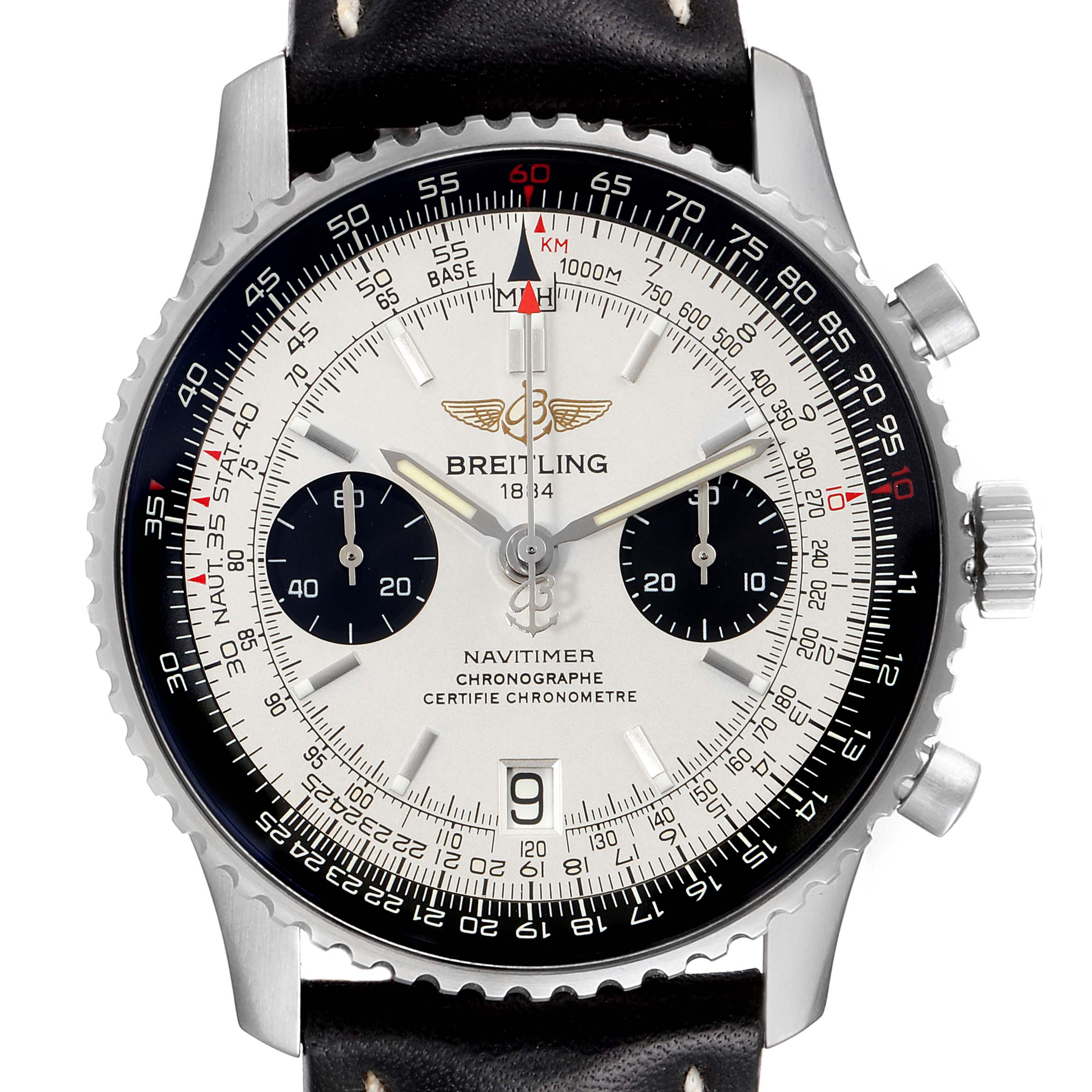 The image shows a front view of the Breitling Navitimer A23330 Men's Stainless Steel Silver Dial A23330 Men's Stainless Steel Silver Dial watch, highlighting its dial, bezel, and chronograph subdials.