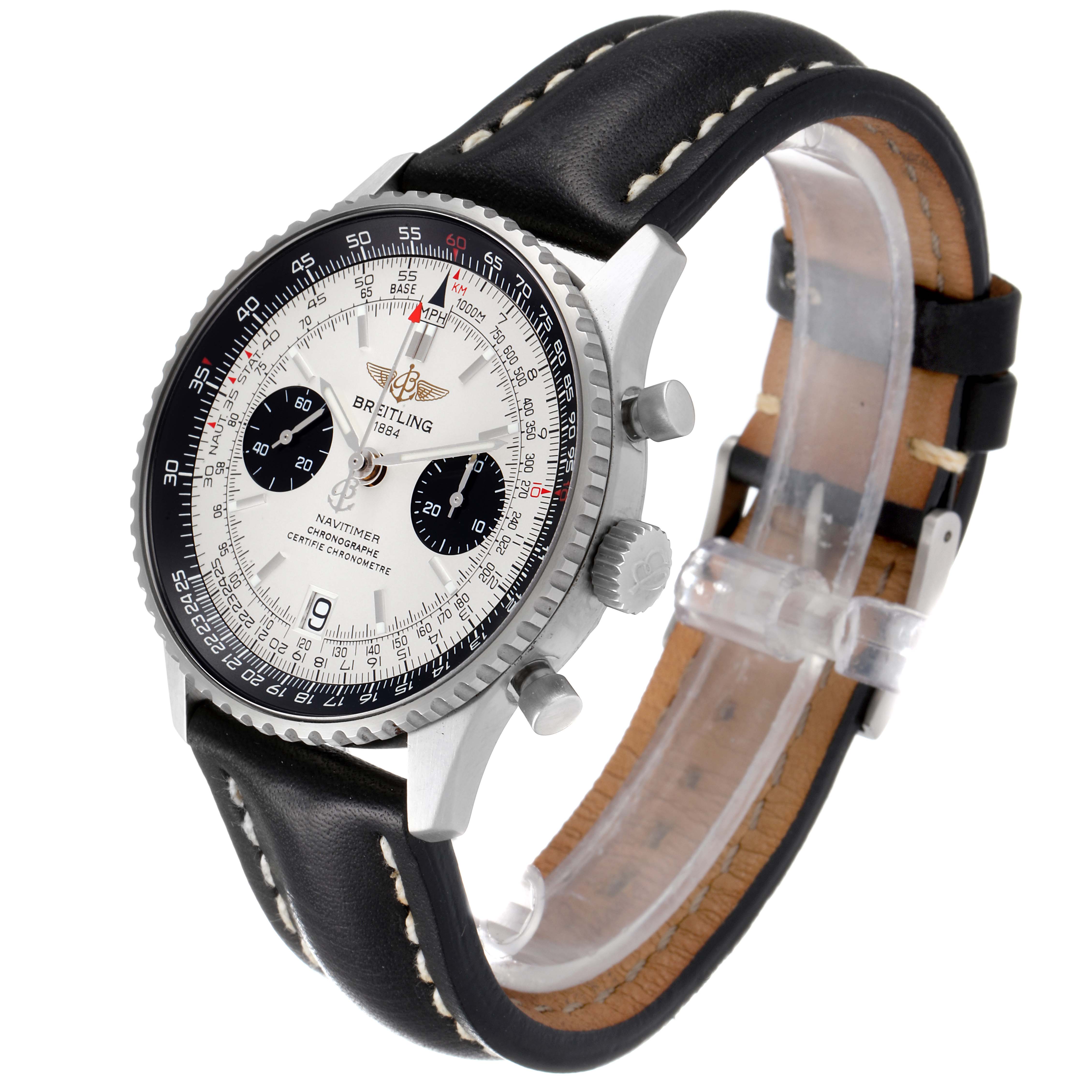 The image shows the Breitling Navitimer A23330 Men's Stainless Steel Silver Dial A23330 Men's Stainless Steel Silver Dial watch at an angle, highlighting its face, bezel, crown, pushers, and black leather strap.