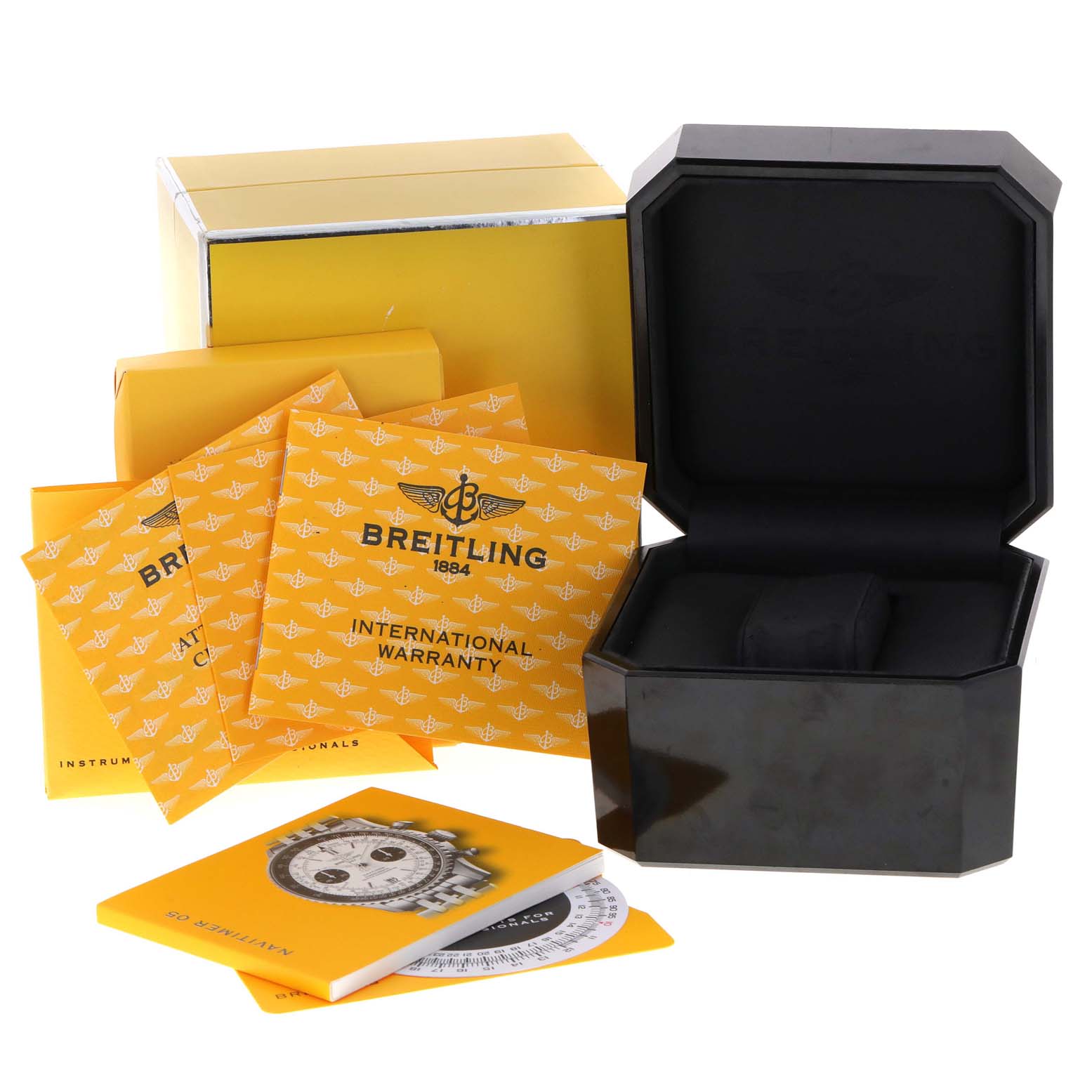 The image shows a Breitling Navitimer A23330 Men's Stainless Steel Silver Dial A23330 Men's Stainless Steel Silver Dial watch box, warranty cards, instruction manual, and additional packaging.