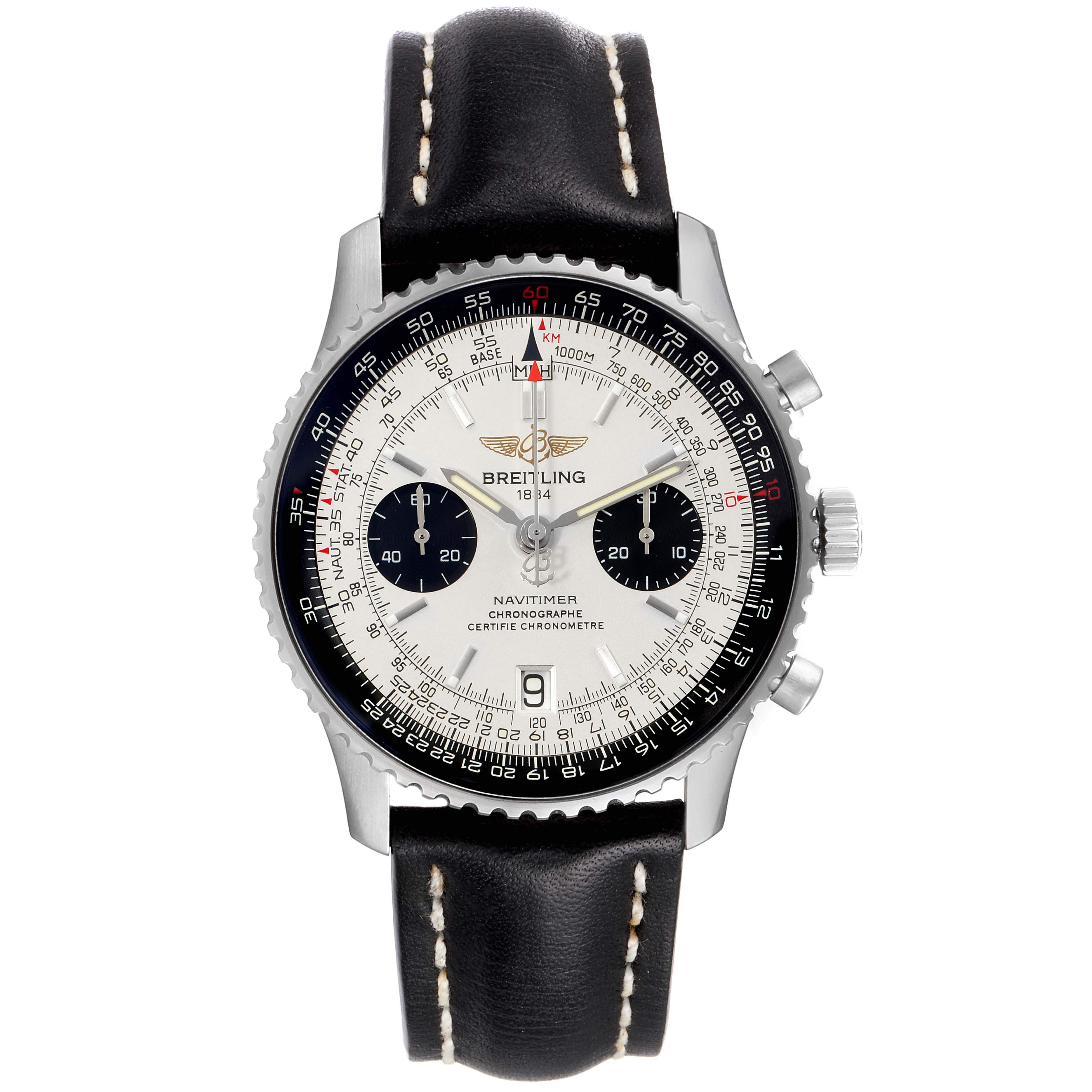 This Breitling Navitimer A23330 Men's Stainless Steel Silver Dial A23330 Men's Stainless Steel Silver Dial watch is shown from a top-down angle, displaying its dial, bezel, and leather strap.