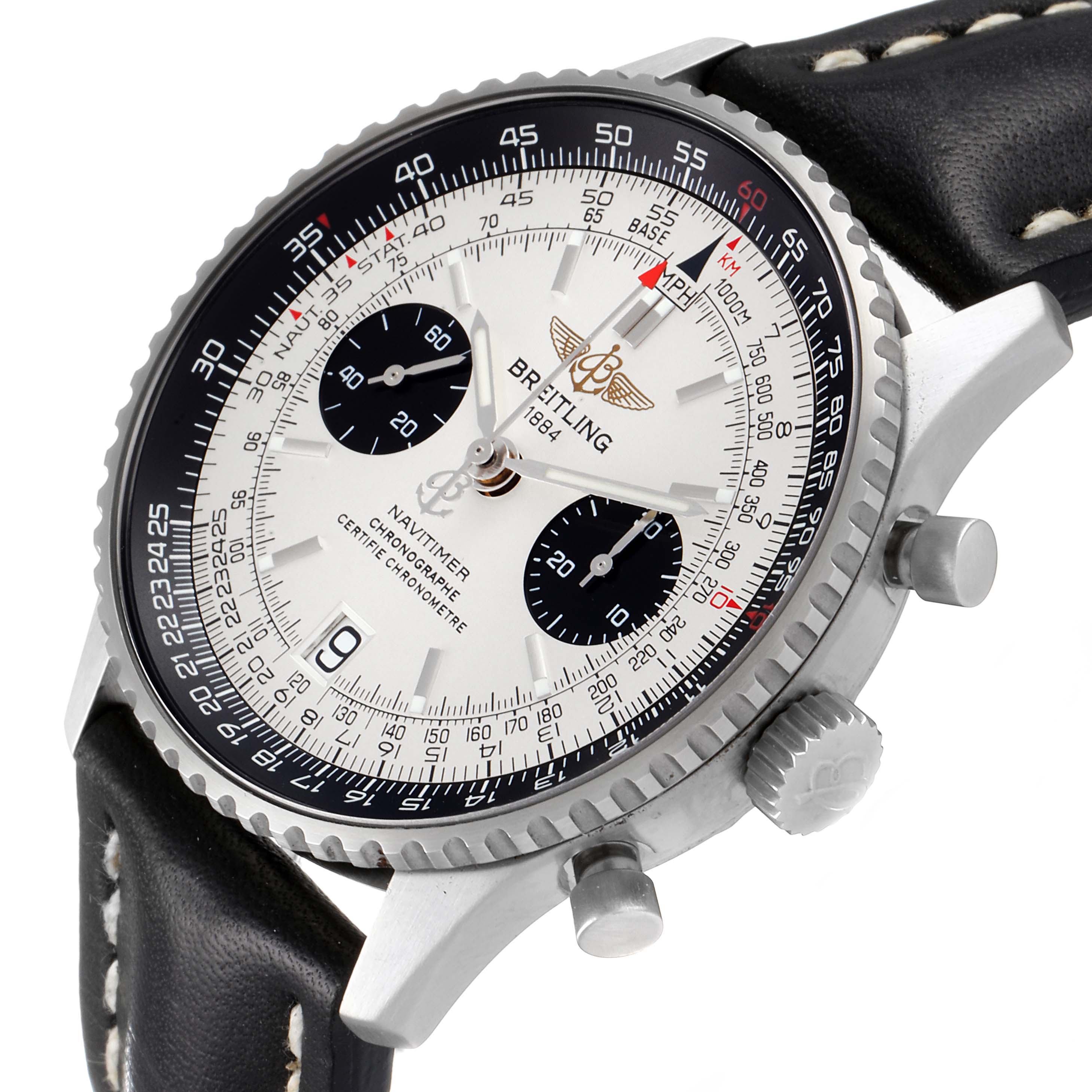 This image shows a close-up view of the Breitling Navitimer A23330 Men's Stainless Steel Silver Dial A23330 Men's Stainless Steel Silver Dial watch, highlighting the dial, bezel, and case with a leather strap.