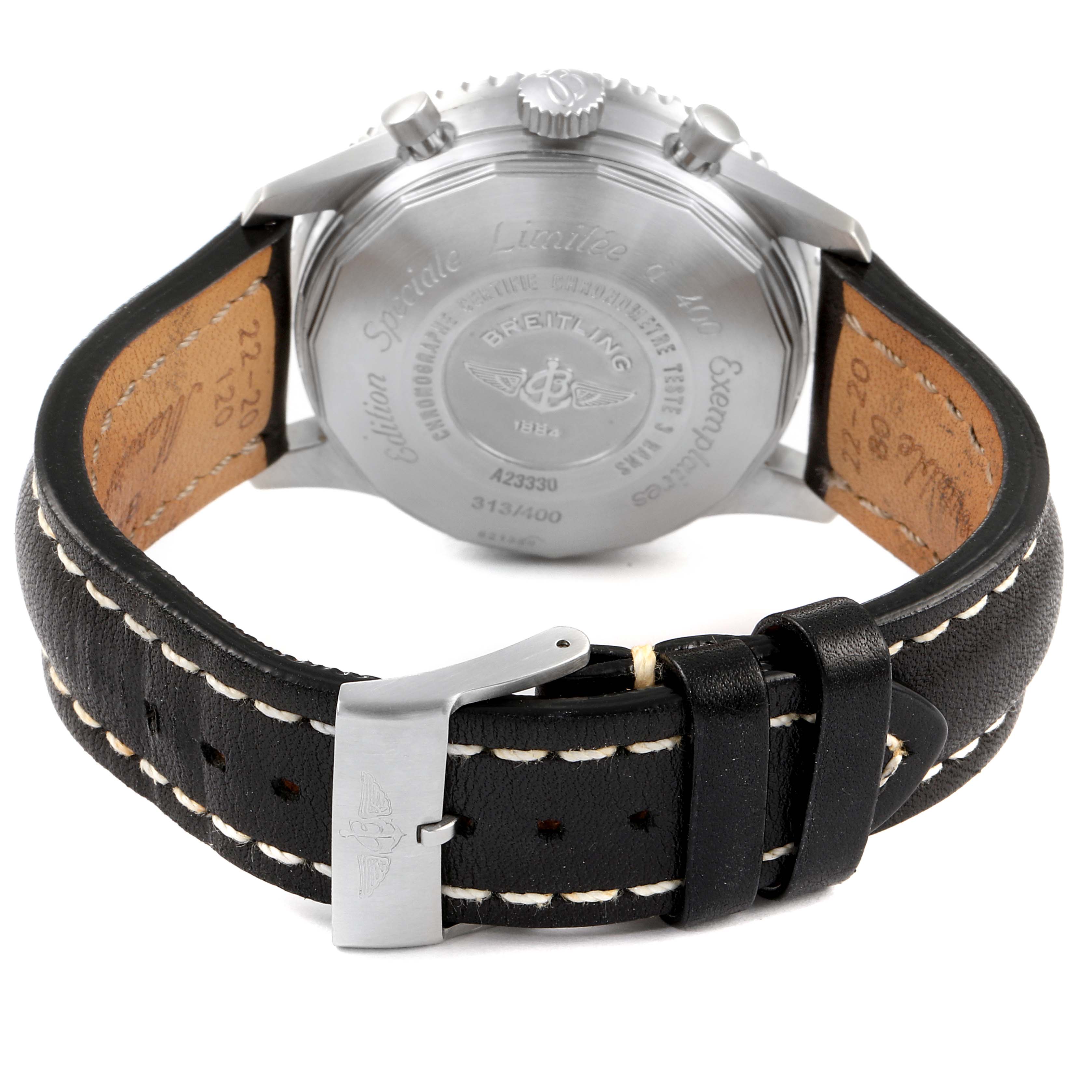 This image shows the back case and leather strap of a Breitling Navitimer A23330 Men's Stainless Steel Silver Dial A23330 Men's Stainless Steel Silver Dial watch from a rear angle.