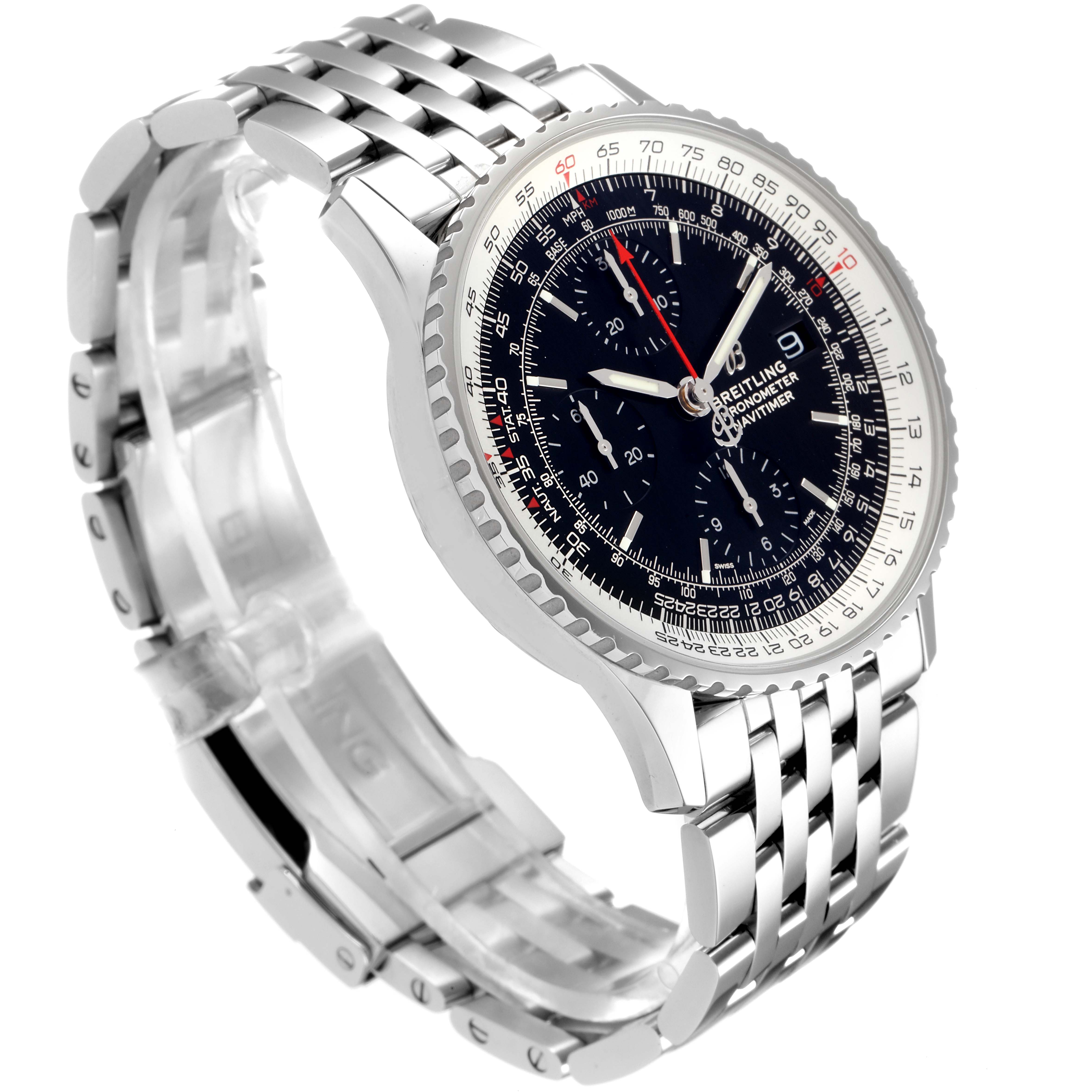 The Breitling Navitimer A13324 Men
s Stainless Steel Black Dial A13324 Men
s Stainless Steel Black Dial watch is shown from a high-side angle, displaying the face, dial, bezel, and part of the band.