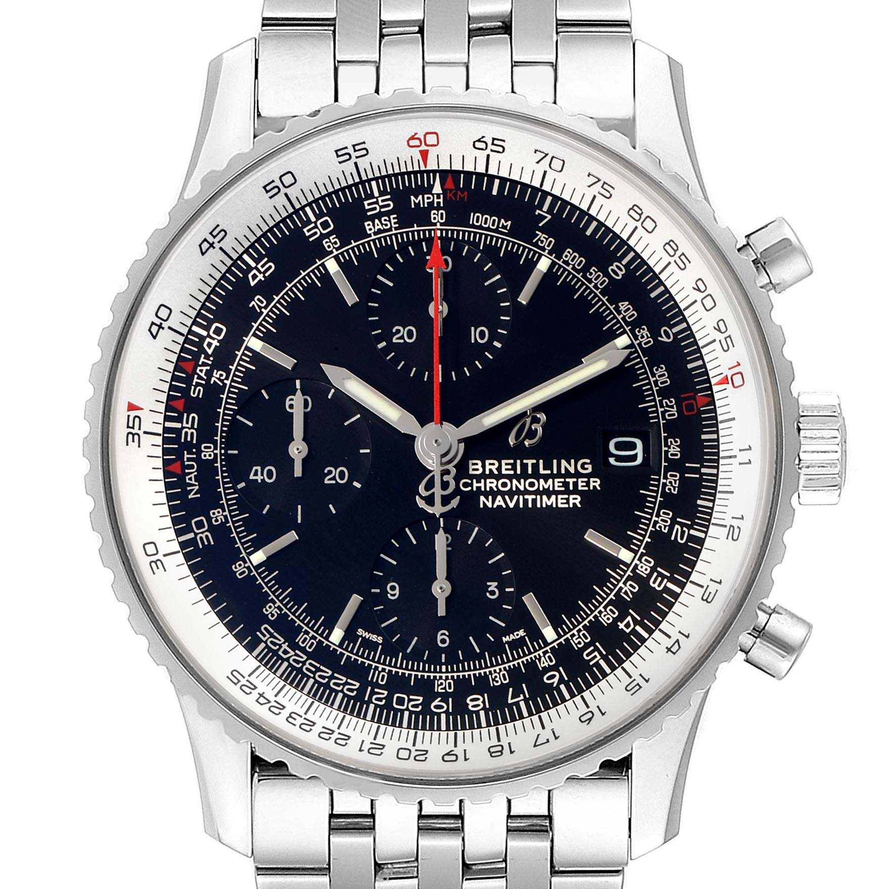 This is a front view of the Breitling Navitimer A13324 Men
s Stainless Steel Black Dial A13324 Men
s Stainless Steel Black Dial watch showing the dial, chronograph sub-dials, bezel, and stainless steel bracelet.