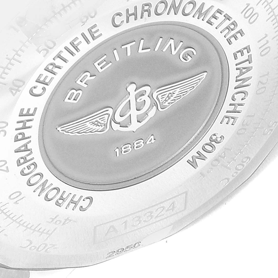 This image shows the engraved case back of a Breitling Navitimer A13324 Men
s Stainless Steel Black Dial A13324 Men
s Stainless Steel Black Dial watch, featuring the brand logo and model information.