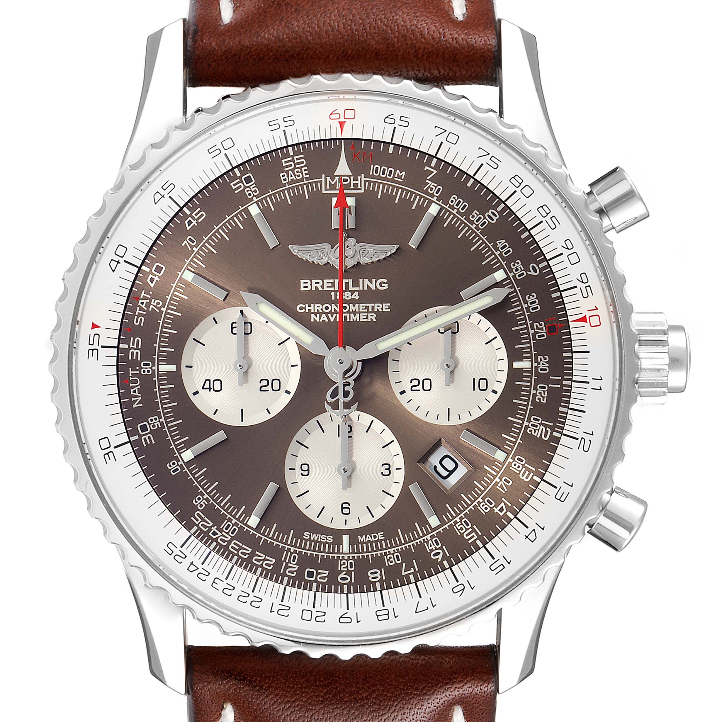 This image shows a Breitling Navitimer AB031021/BF77/441X Men's Stainless Steel Brown Dial AB031021/BF77/441X Men's Stainless Steel Brown Dial watch face at a straight-on angle, including the chronograph dials, crown, and pushers.