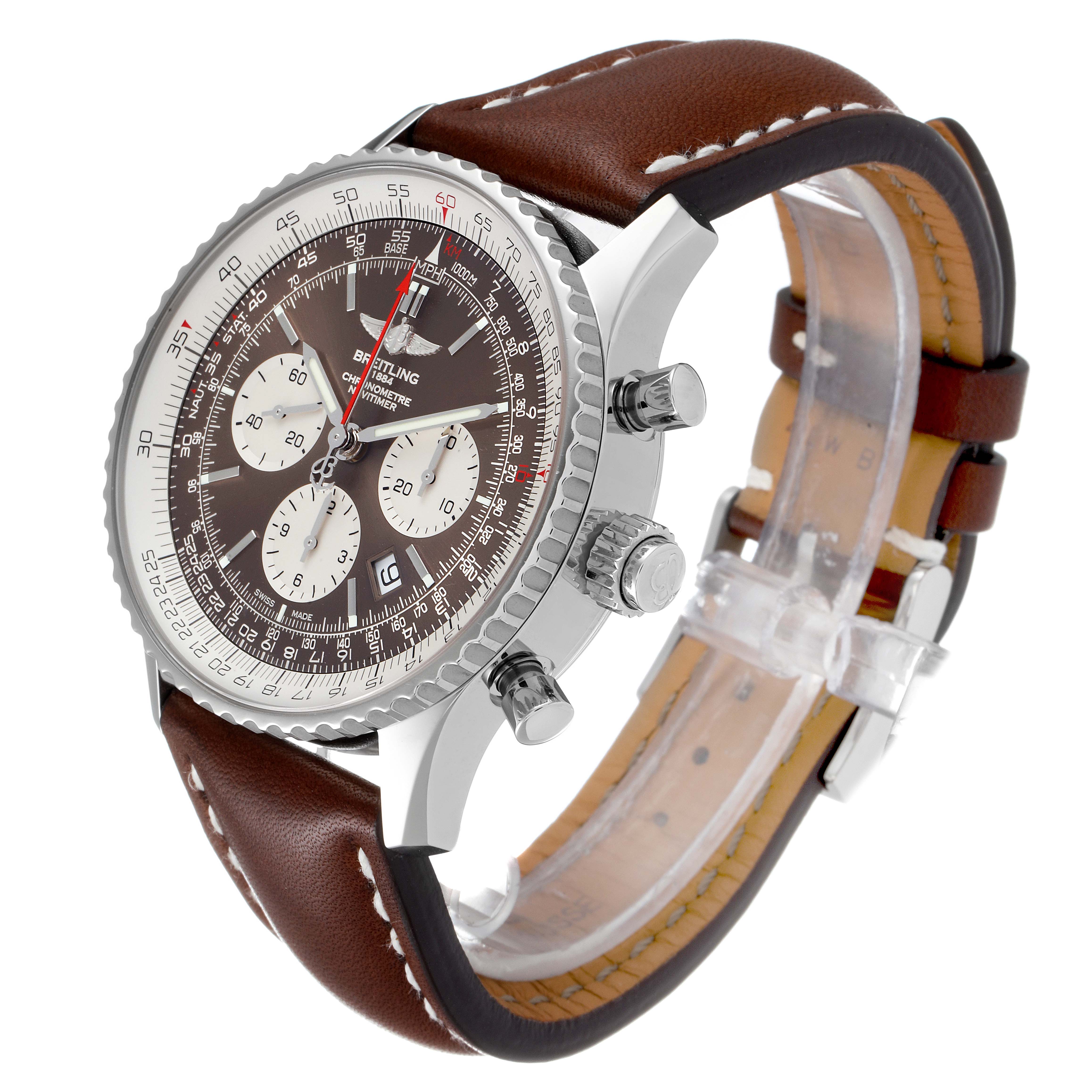 The Breitling Navitimer AB031021/BF77/441X Men's Stainless Steel Brown Dial AB031021/BF77/441X Men's Stainless Steel Brown Dial watch is shown at an angled side view, displaying the face, bezel, pushers, crown, and leather strap.