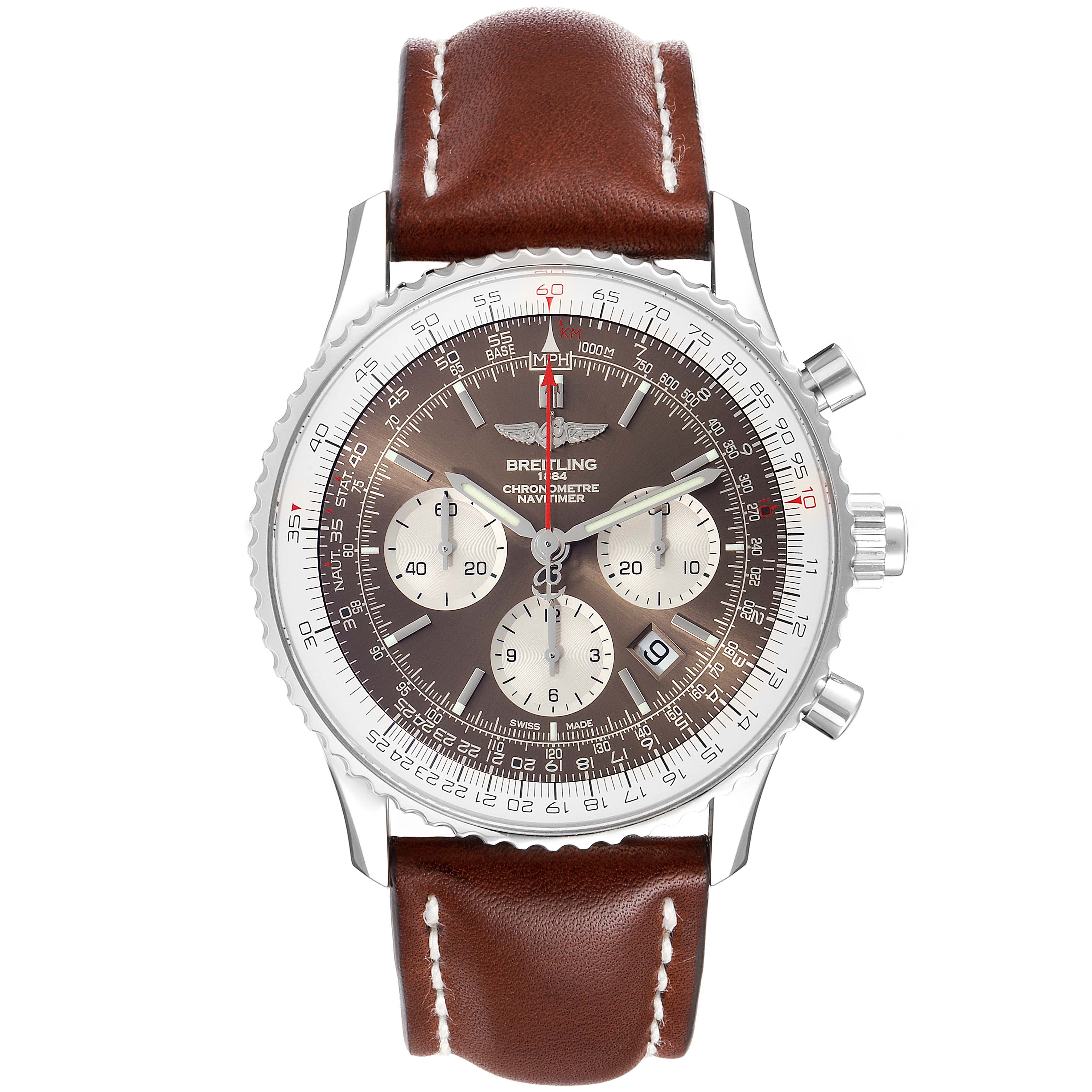 This is a front view of a Breitling Navitimer AB031021/BF77/441X Men's Stainless Steel Brown Dial AB031021/BF77/441X Men's Stainless Steel Brown Dial watch showing the face, three subdials, date window, and brown leather strap.