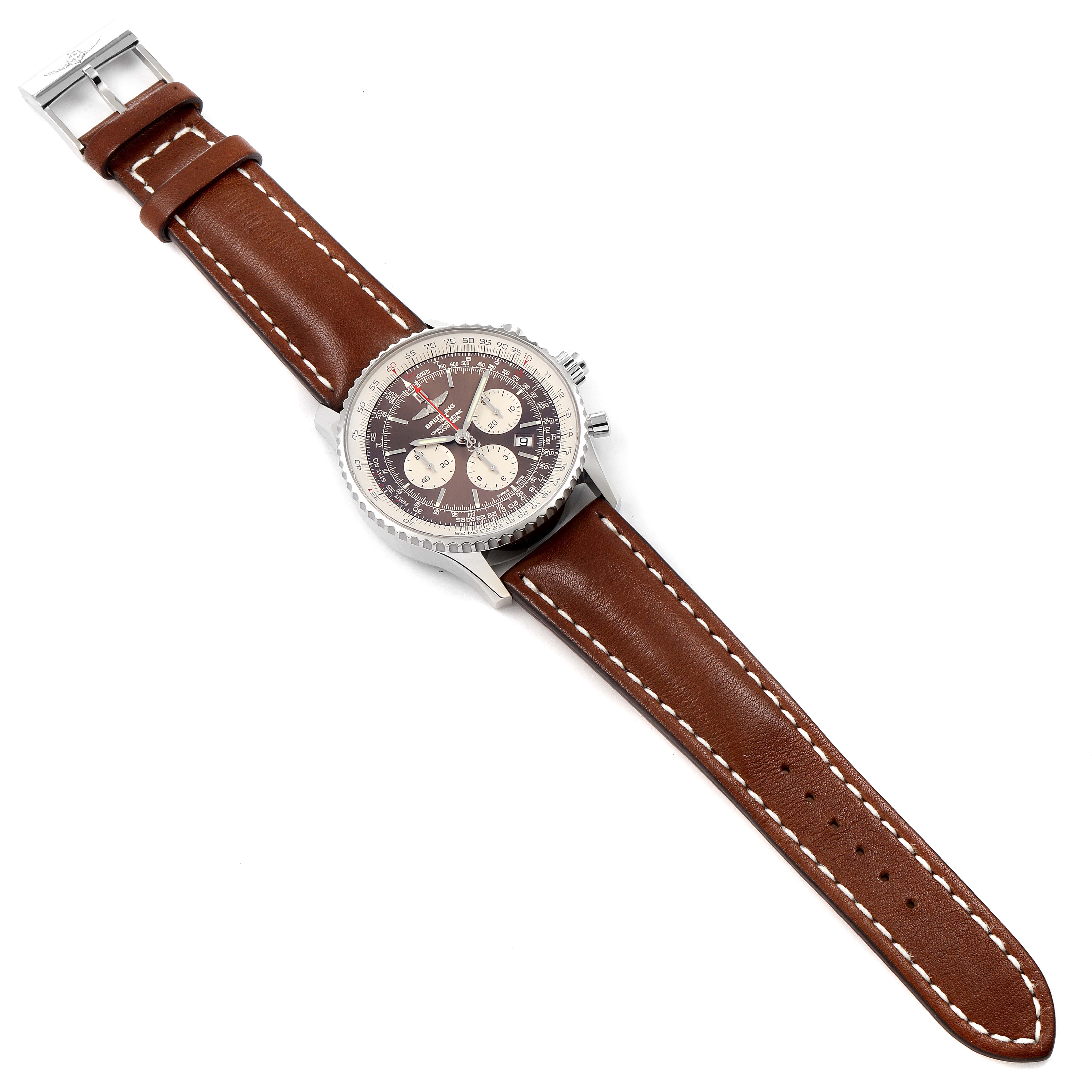 The image shows a Breitling Navitimer AB031021/BF77/441X Men's Stainless Steel Brown Dial AB031021/BF77/441X Men's Stainless Steel Brown Dial watch at a slight top-down angle, featuring a brown leather strap and a detailed dial.