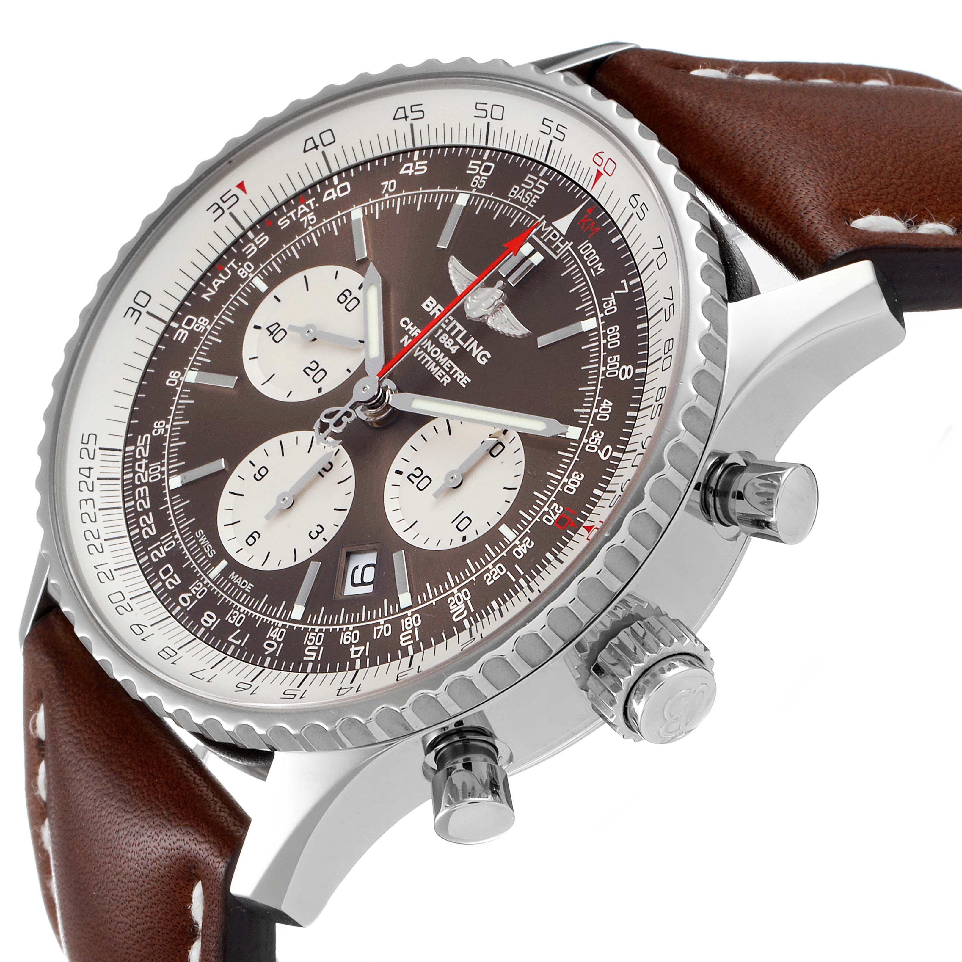 This image shows a close-up side angle of a Breitling Navitimer AB031021/BF77/441X Men's Stainless Steel Brown Dial AB031021/BF77/441X Men's Stainless Steel Brown Dial watch, highlighting its dial, subdials, bezel, and brown leather strap.