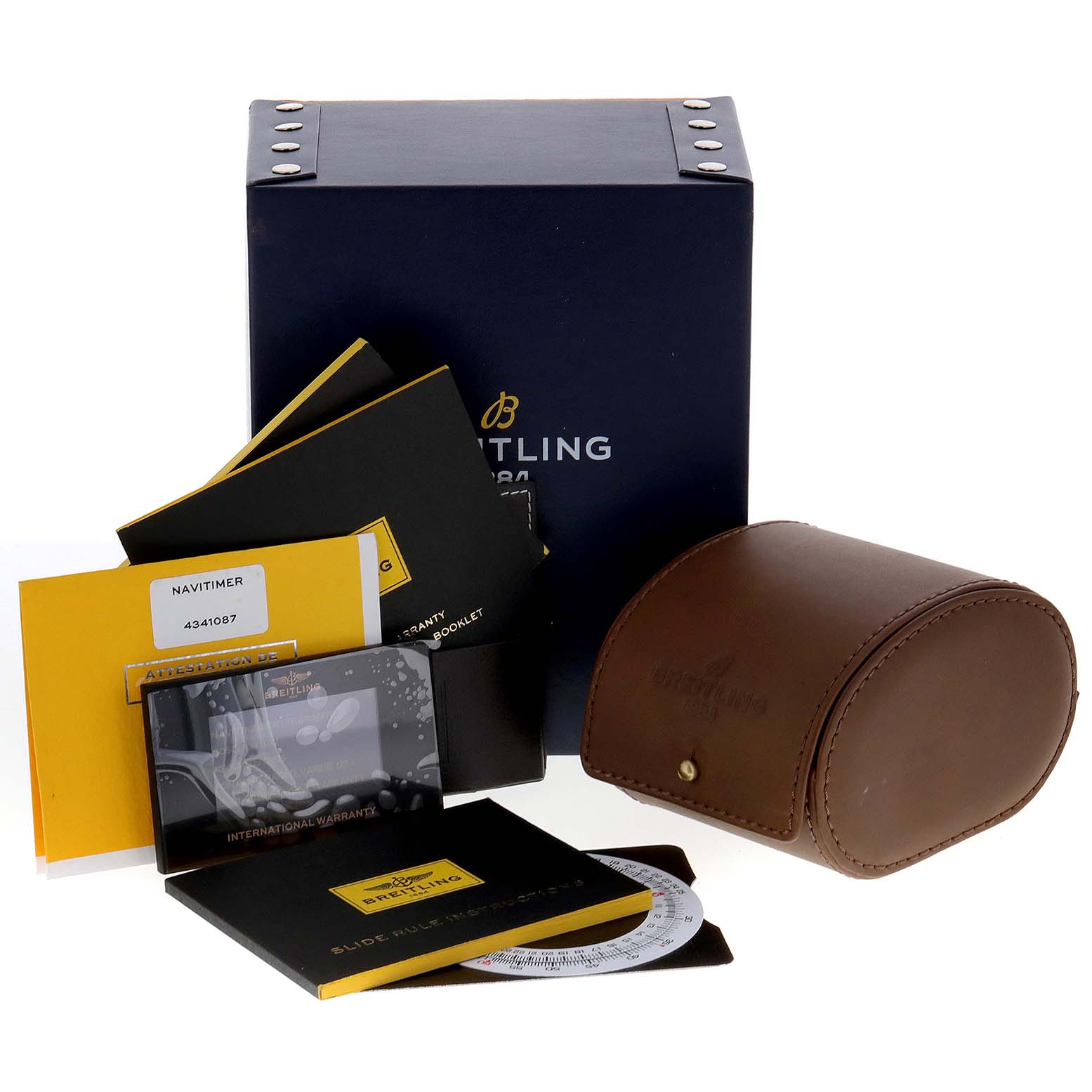 The image shows a Breitling Navitimer AB031021/BF77/441X Men's Stainless Steel Brown Dial AB031021/BF77/441X Men's Stainless Steel Brown Dial watch box, warranty booklet, case, slide rule instructions, and international warranty card.